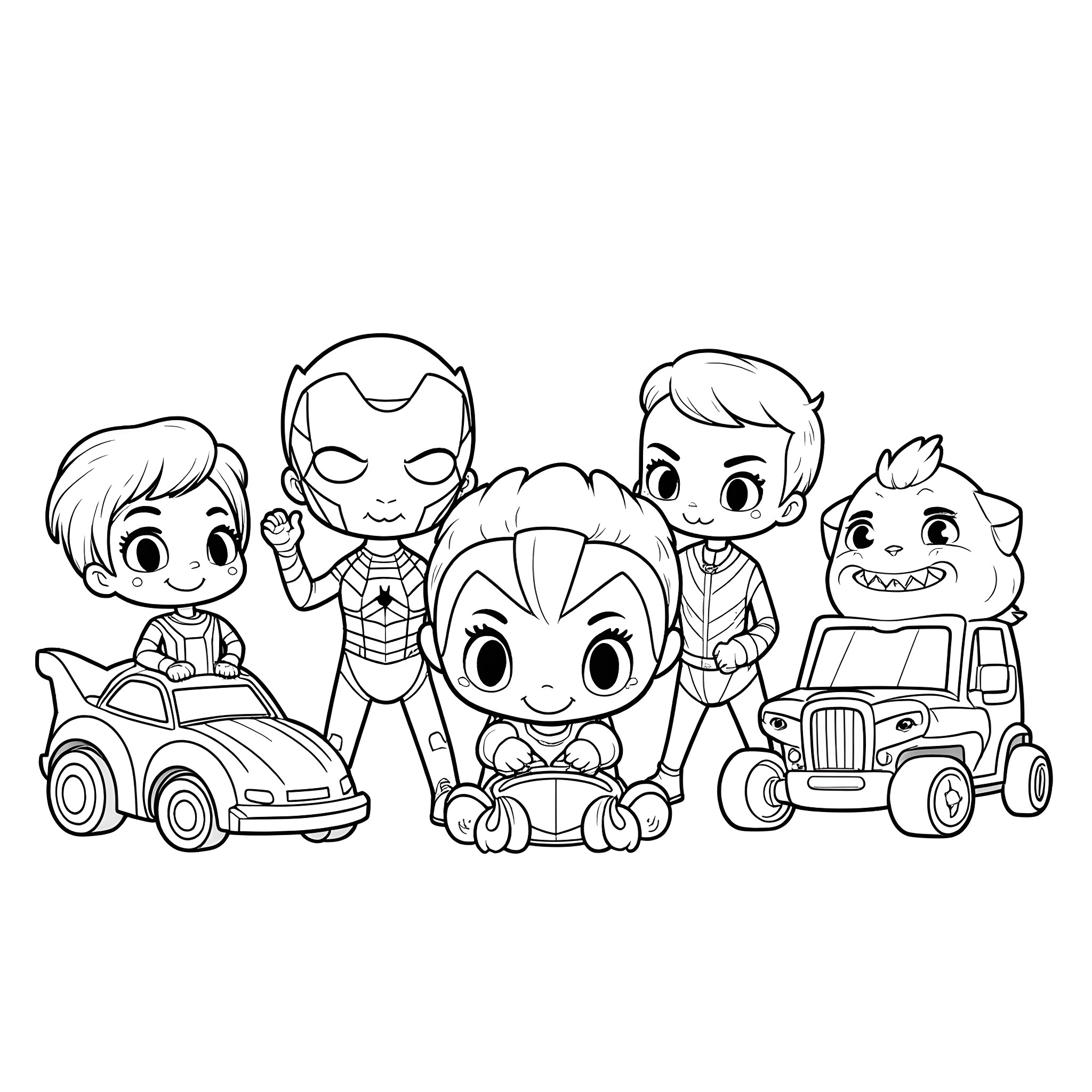 Child superheroes playing with toy vehicles Coloring Page (free black-and-white line drawing printable PDF for all, from beginners to advanced learners, including children, teens, adults, and seniors)