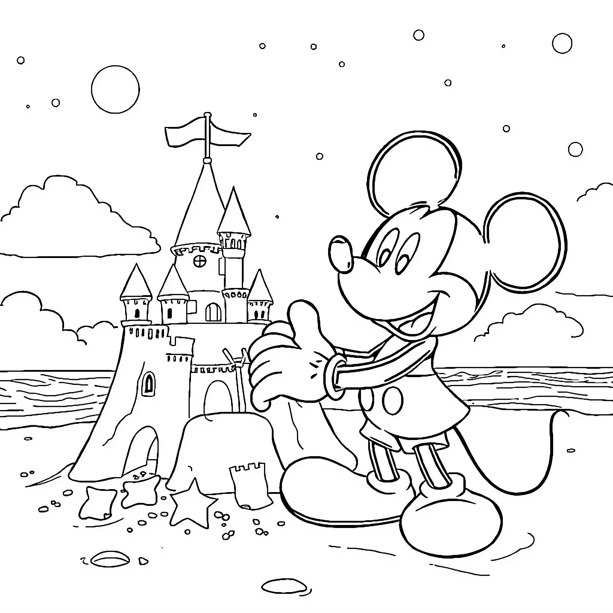 Mickey builds a castle on the beach Coloring Page (free black-and-white line drawing printable PDF for all, from beginners to advanced learners, including children, teens, adults, and seniors)