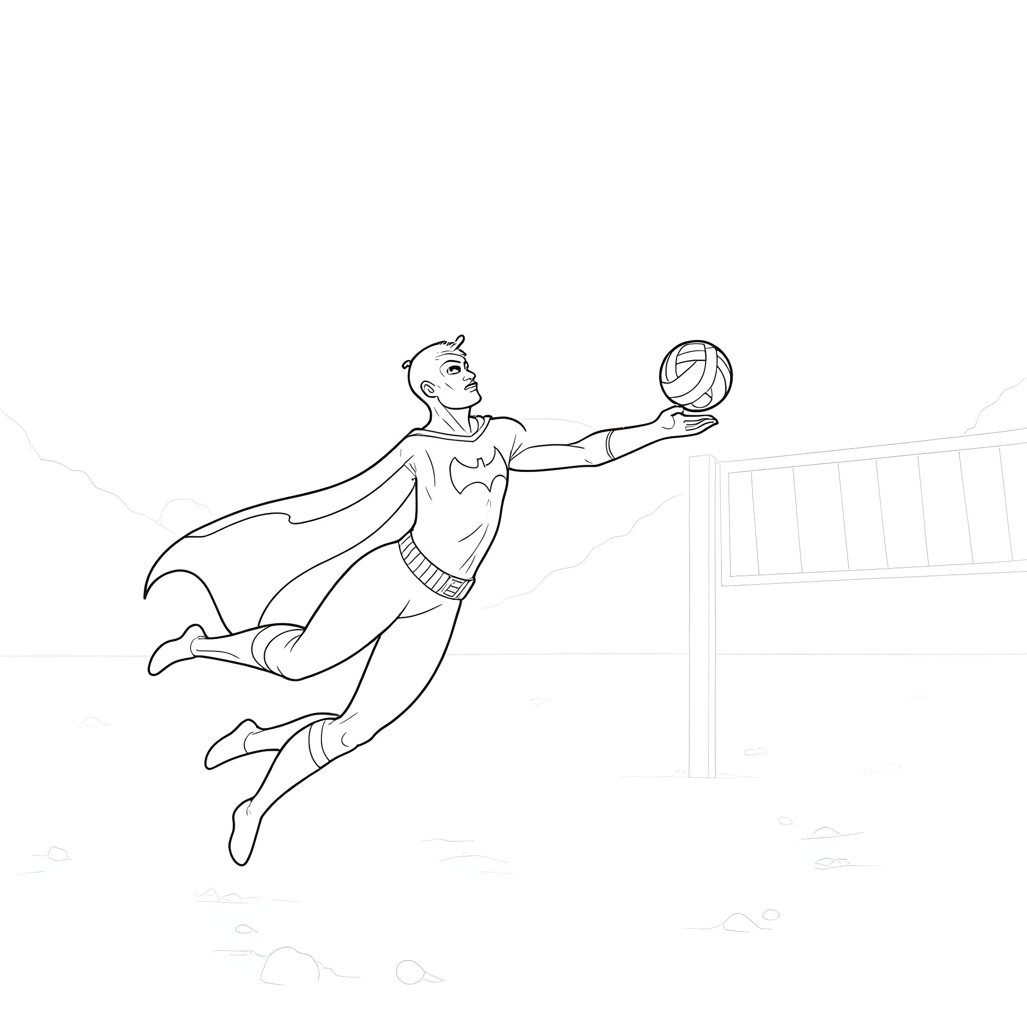 Batman heroically saving the day with a volleyball Coloring Page (free black-and-white line drawing printable PDF for all, from beginners to advanced learners, including children, teens, adults, and seniors)