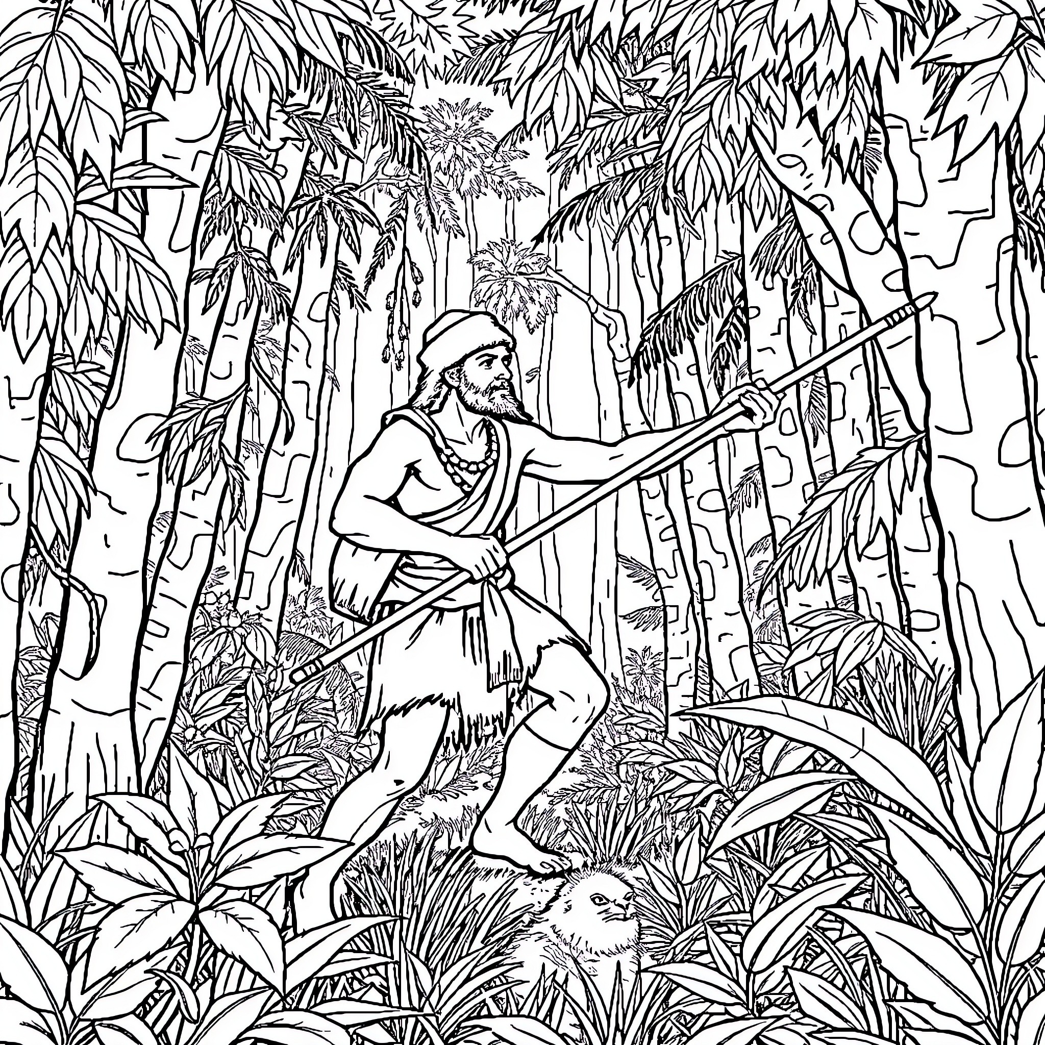 Homme exploring lush jungle landscape Coloring Page (free black-and-white line drawing printable PDF for all, from beginners to advanced learners, including children, teens, adults, and seniors)