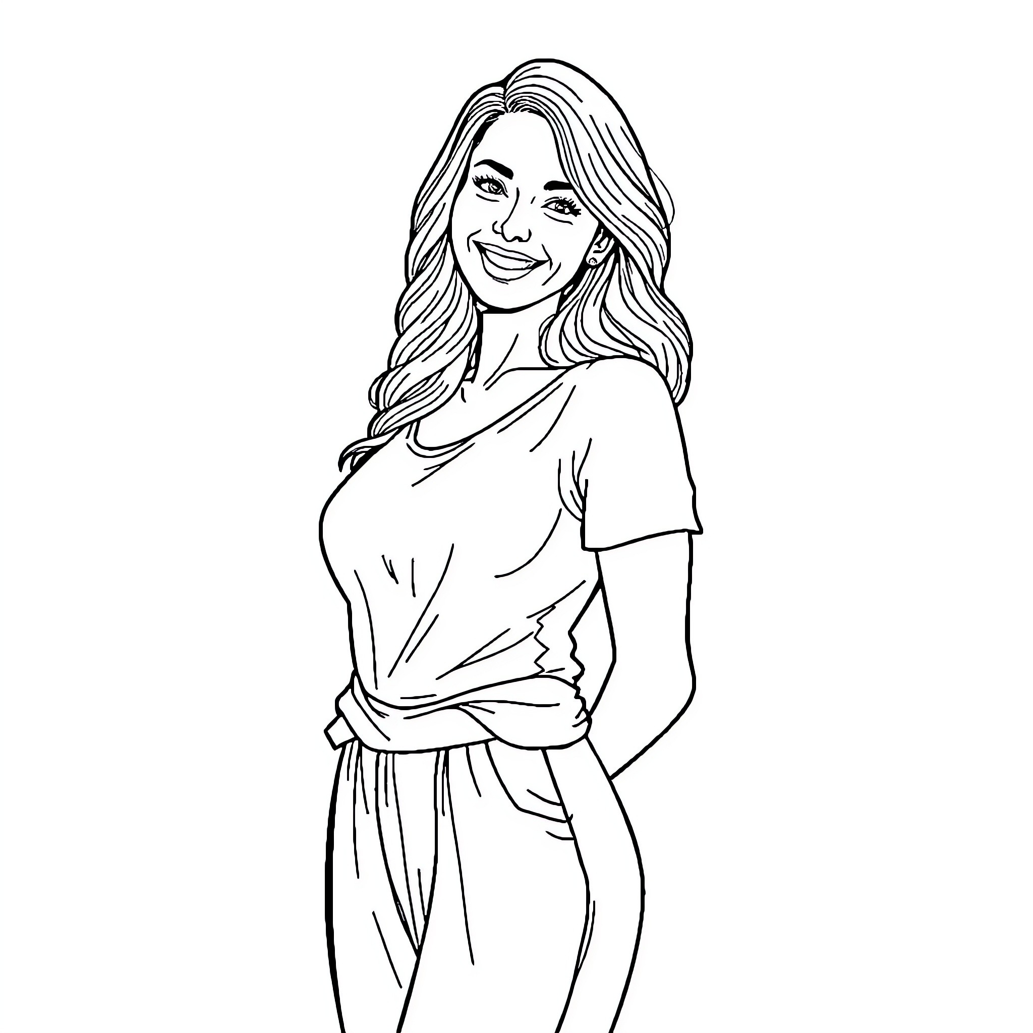 Woman smiling and posing confidently Coloring Page (free black-and-white line drawing printable PDF for all, from beginners to advanced learners, including children, teens, adults, and seniors)