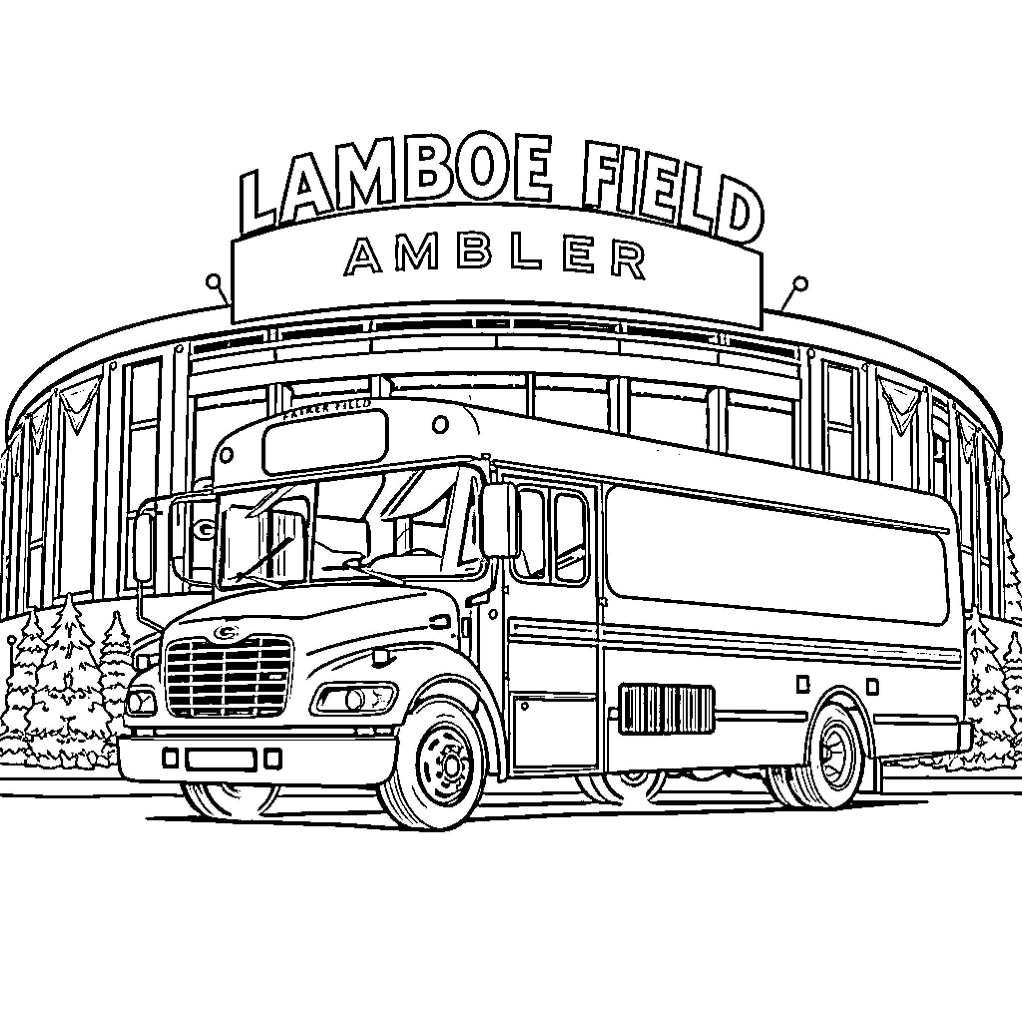 Bus Transporting Spectators to Sporting Event Coloring Page (free black-and-white line drawing printable PDF for all, from beginners to advanced learners, including children, teens, adults, and seniors)