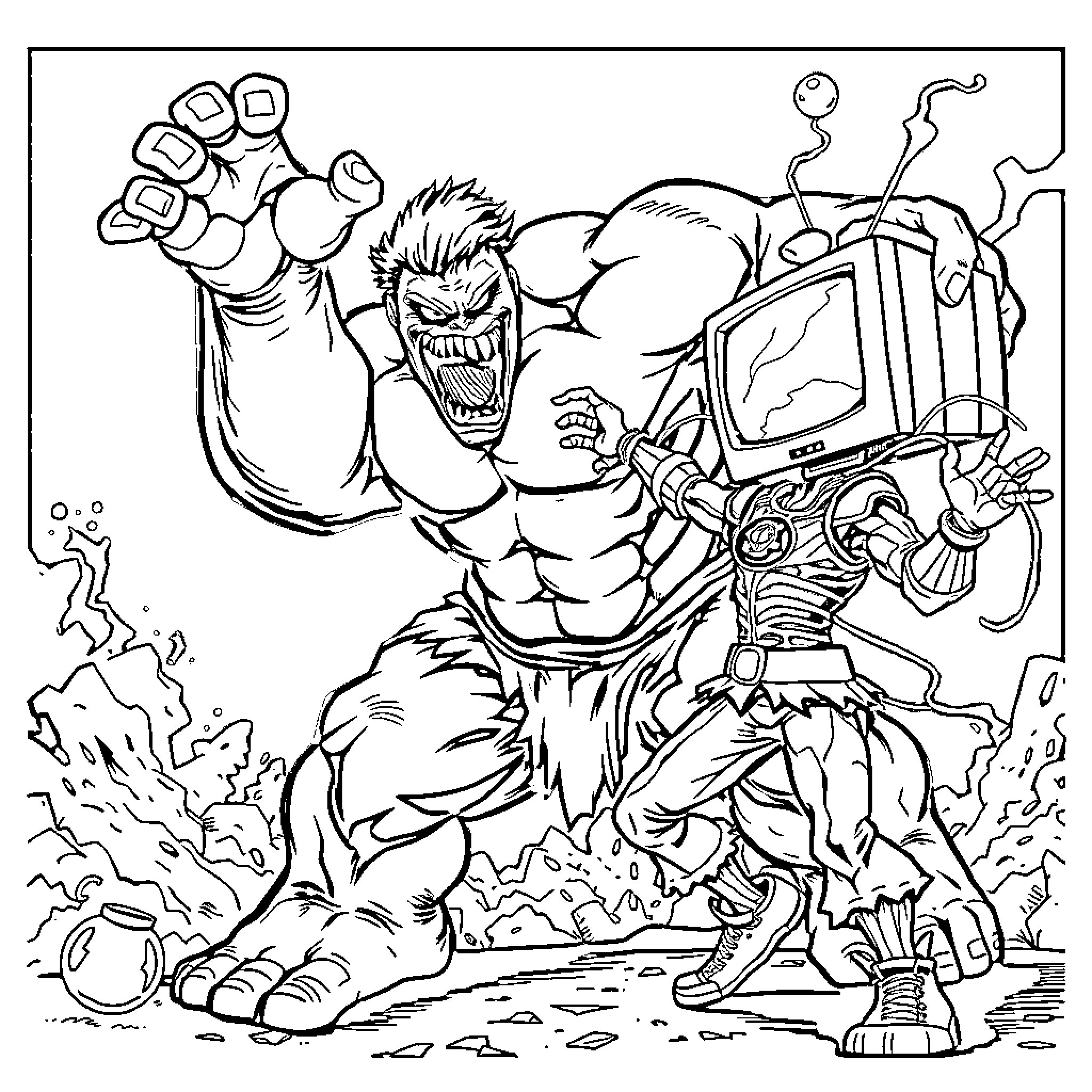 Venom Hulk raging and destroying with technology Coloring Page (free black-and-white line drawing printable PDF for all, from beginners to advanced learners, including children, teens, adults, and seniors)