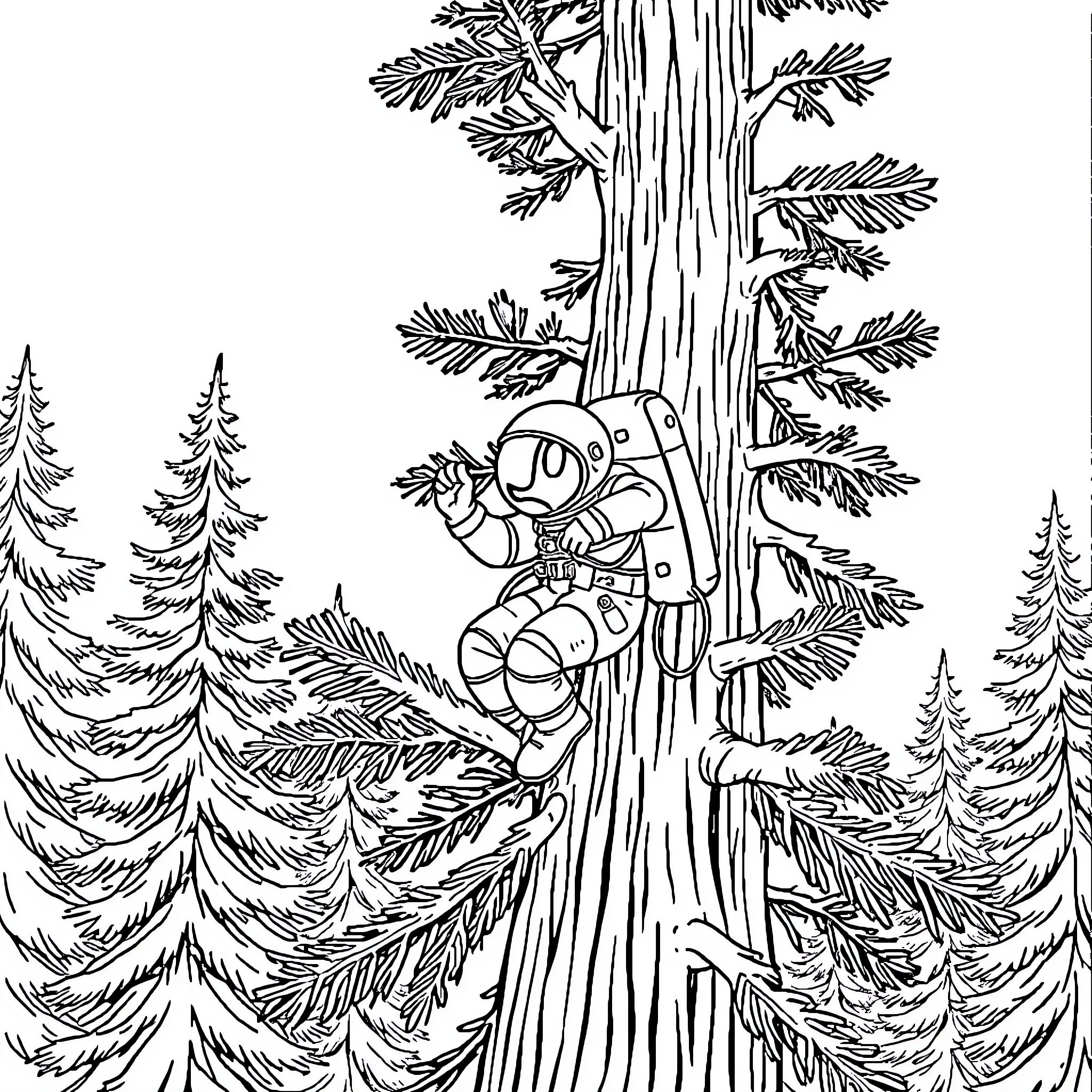 Astronaut exploring the forested landscape Coloring Page (free black-and-white line drawing printable PDF for all, from beginners to advanced learners, including children, teens, adults, and seniors)