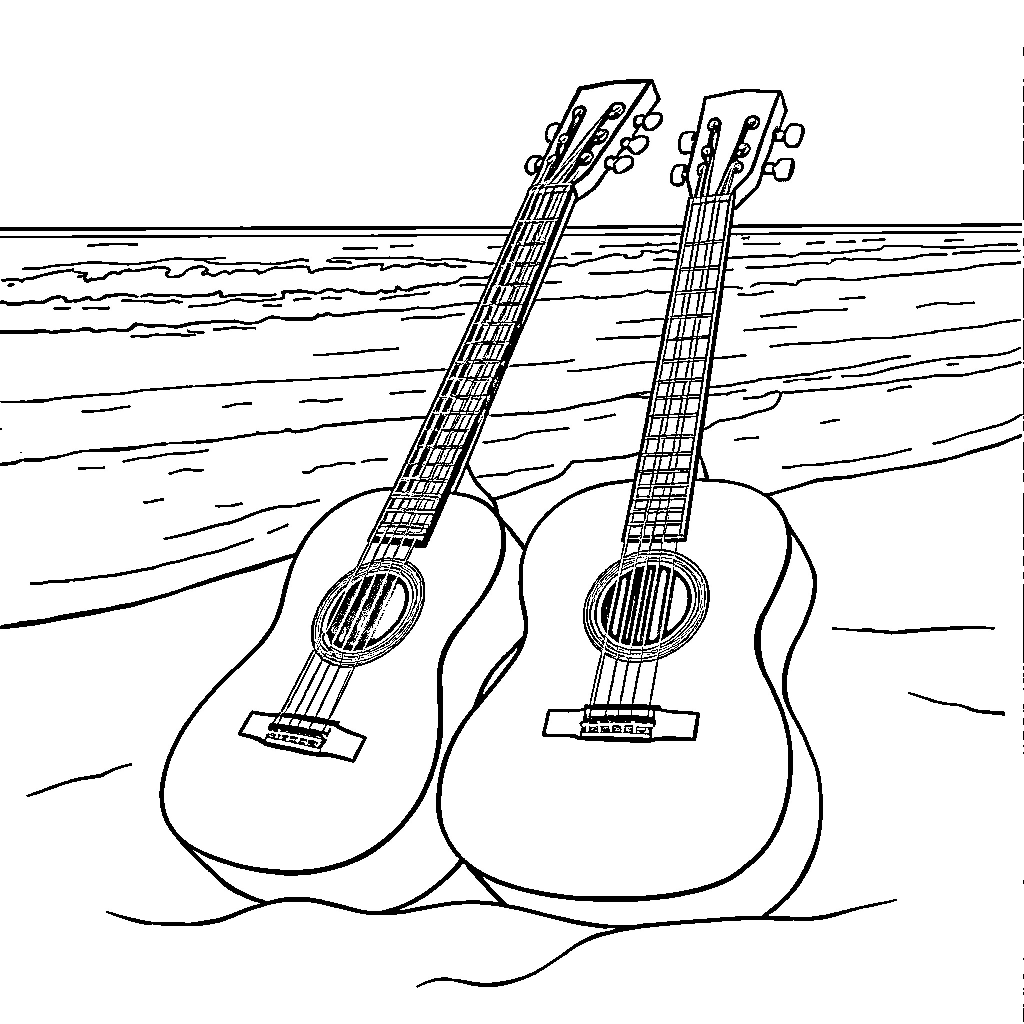 Guitar duo resting on the beach Coloring Page (free black-and-white line drawing printable PDF for all, from beginners to advanced learners, including children, teens, adults, and seniors)