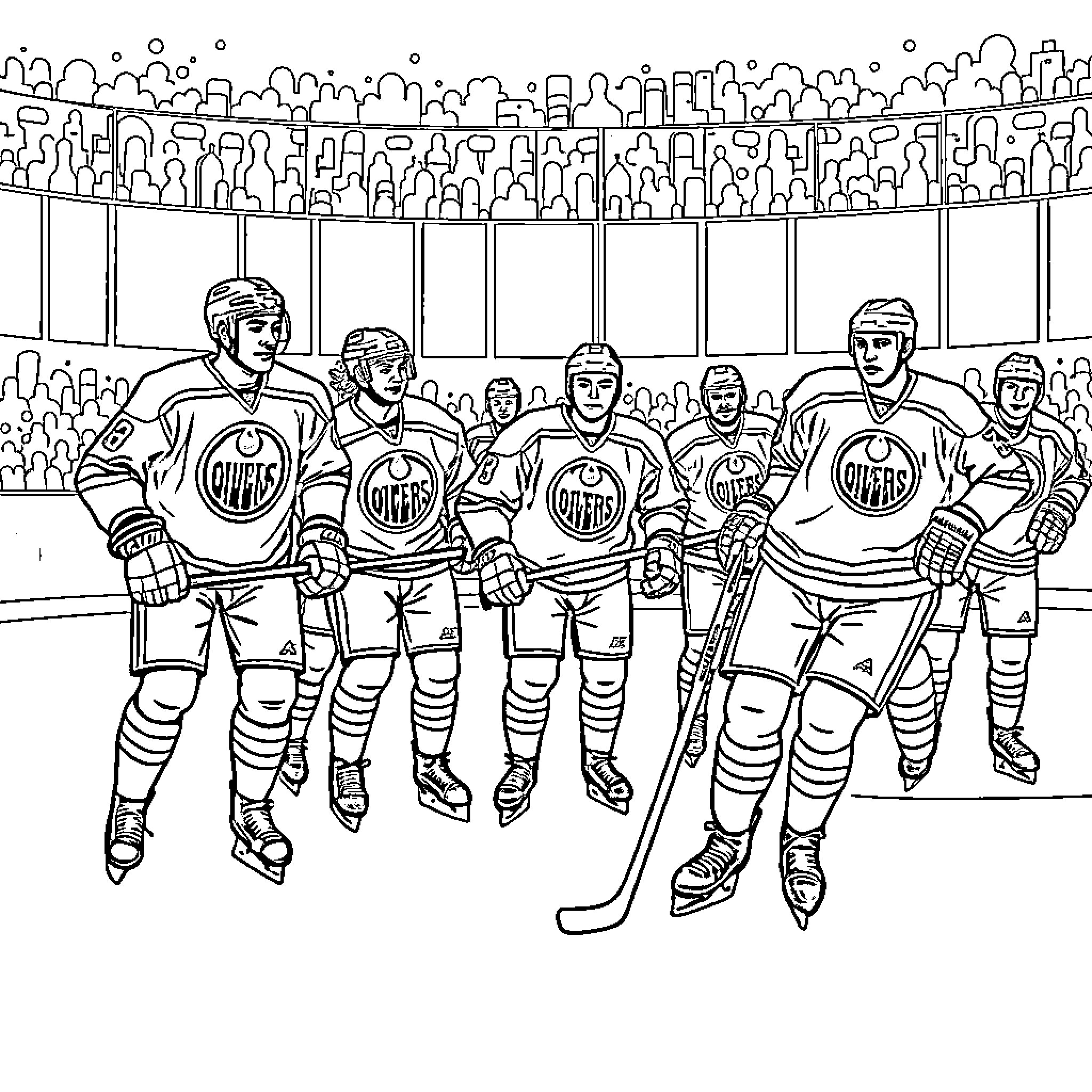 Oilers hockey team on the ice in uniform Coloring Page (free black-and-white line drawing printable PDF for all, from beginners to advanced learners, including children, teens, adults, and seniors)