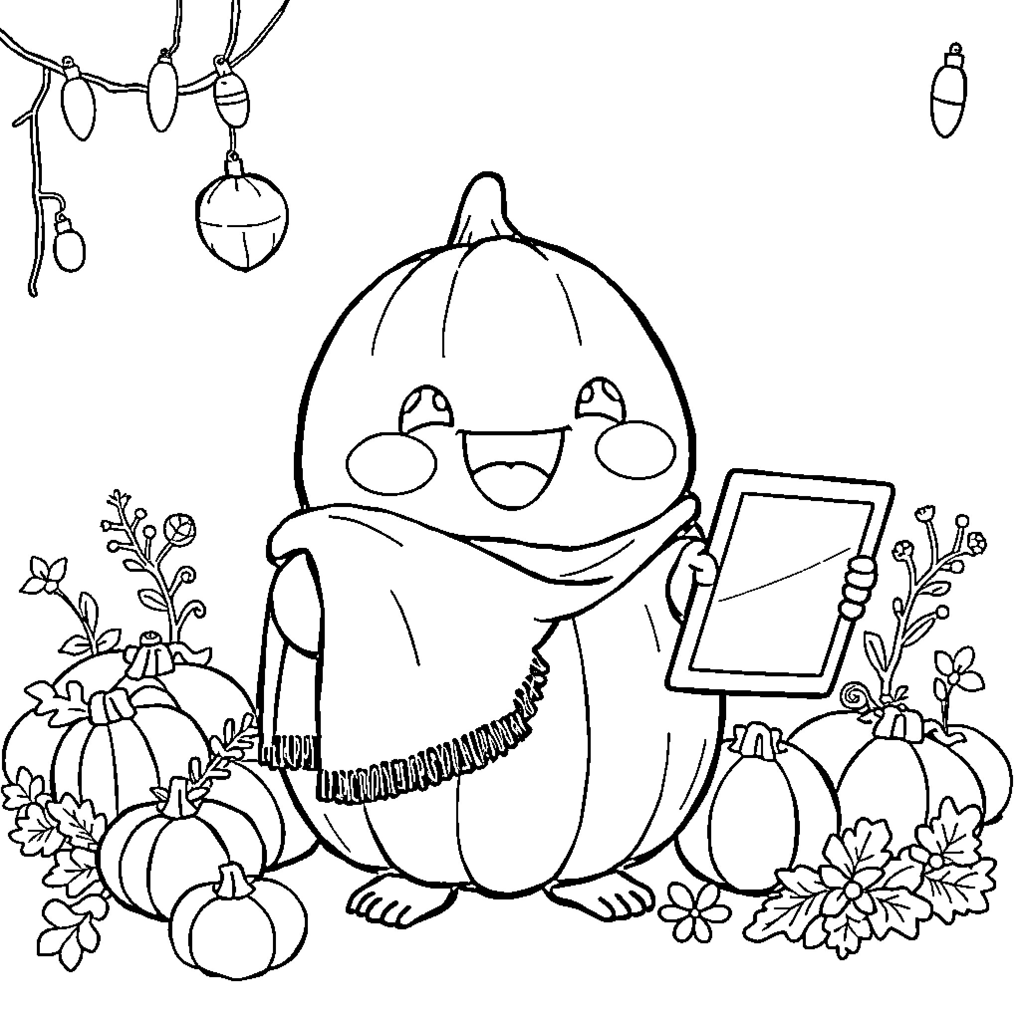 Cocomelon character holding tablet in autumn scene Coloring Page (free black-and-white line drawing printable PDF for all, from beginners to advanced learners, including children, teens, adults, and seniors)