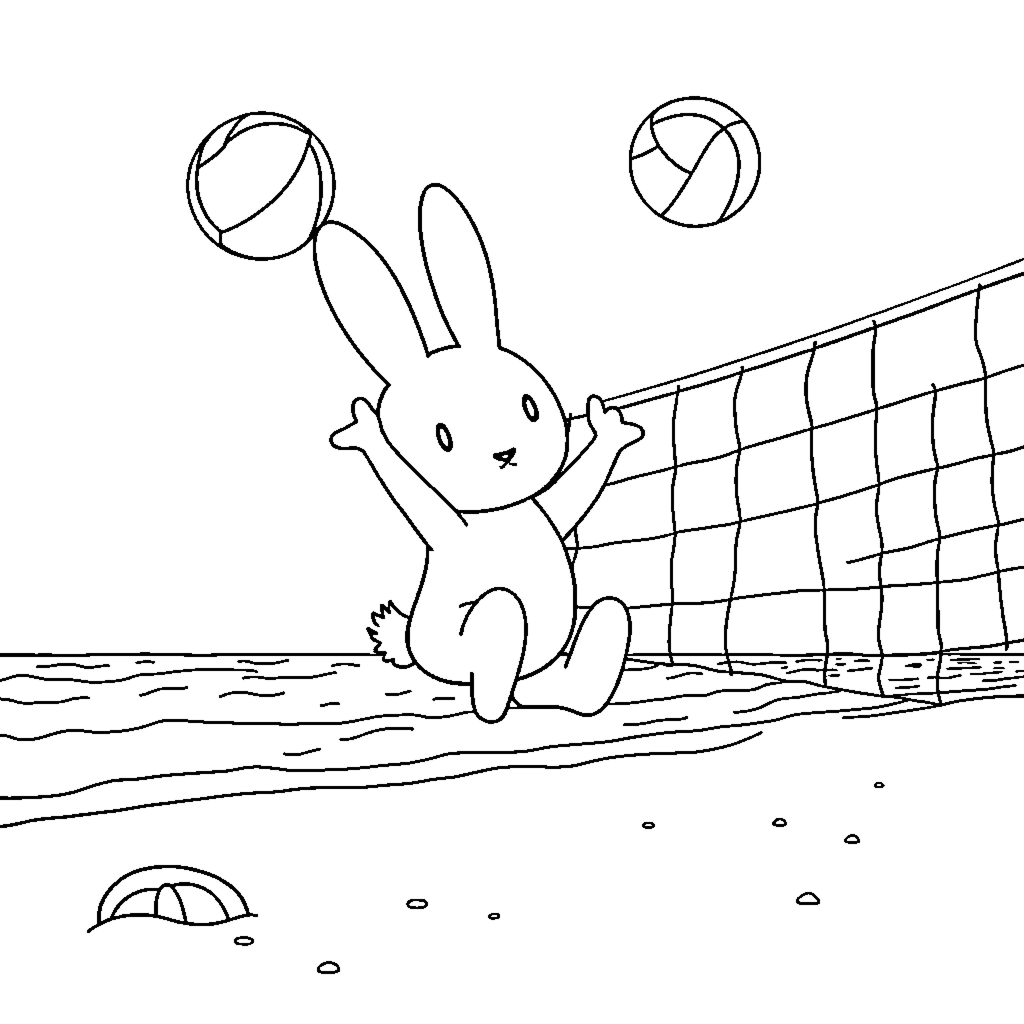 Miffy playing volleyball on the beach Coloring Page (free black-and-white line drawing printable PDF for all, from beginners to advanced learners, including children, teens, adults, and seniors)