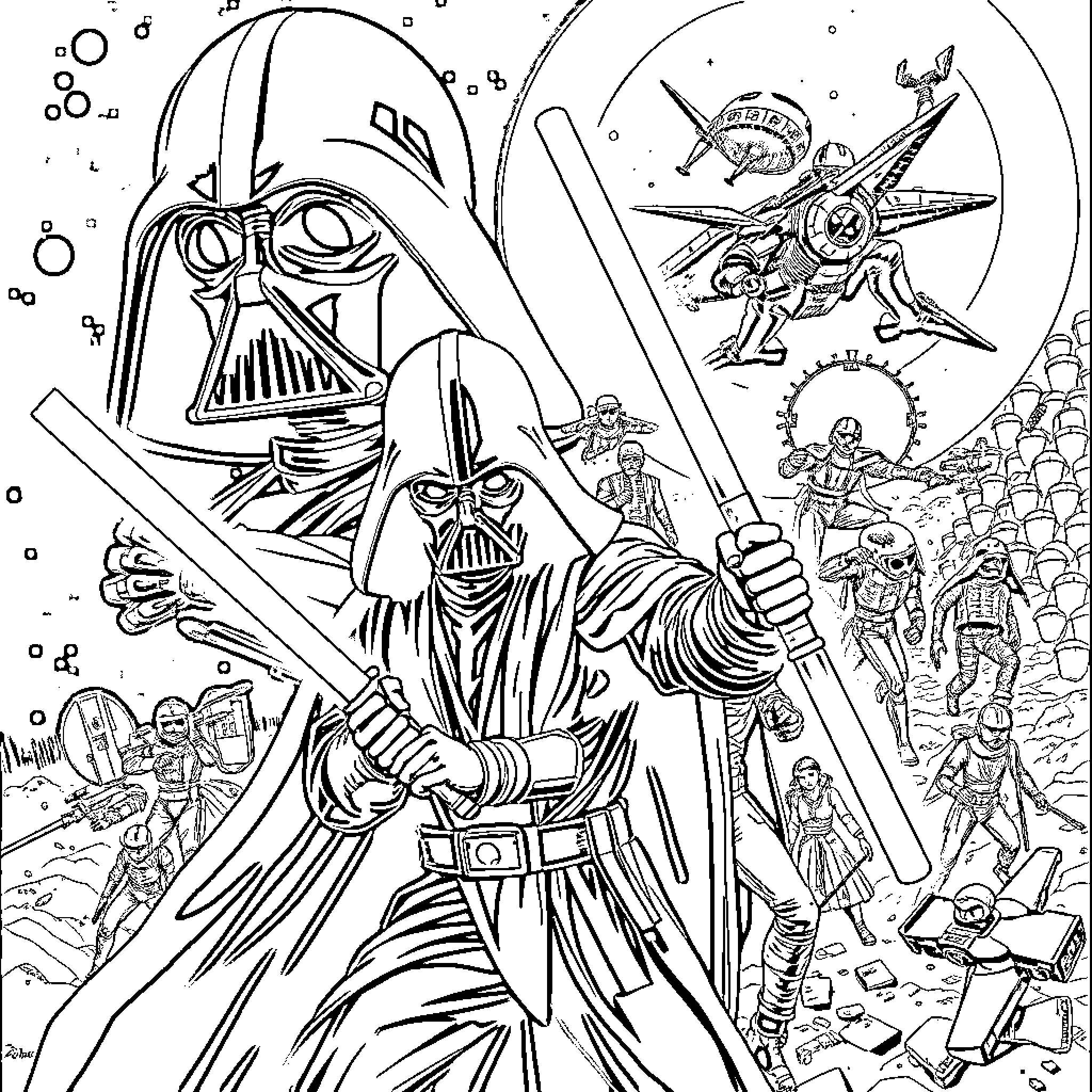 Star Wars characters in epic battle scene Coloring Page (free black-and-white line drawing printable PDF for all, from beginners to advanced learners, including children, teens, adults, and seniors)