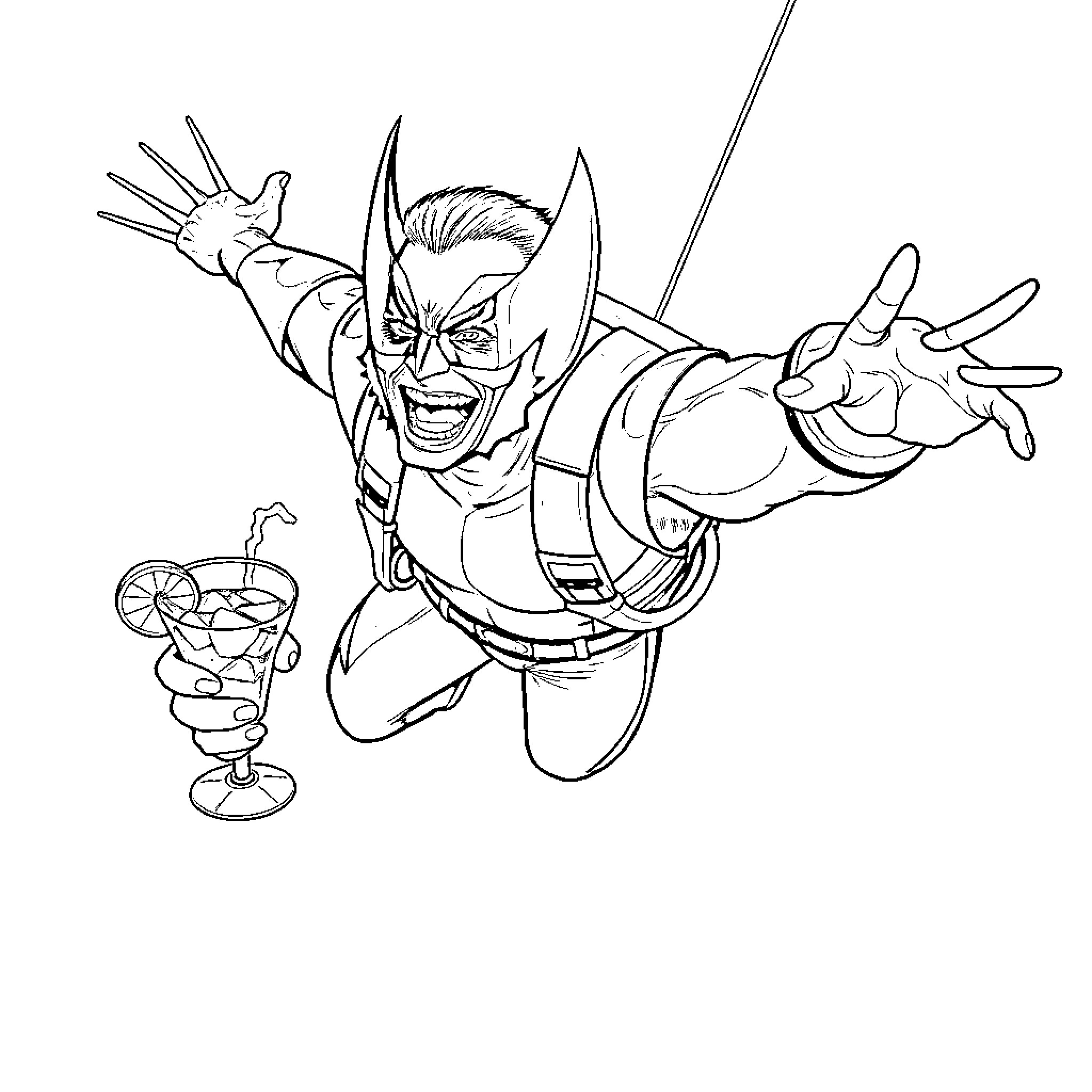 Wolverine enjoying an action-packed adventure with a cocktail Coloring Page (free black-and-white line drawing printable PDF for all, from beginners to advanced learners, including children, teens, adults, and seniors)