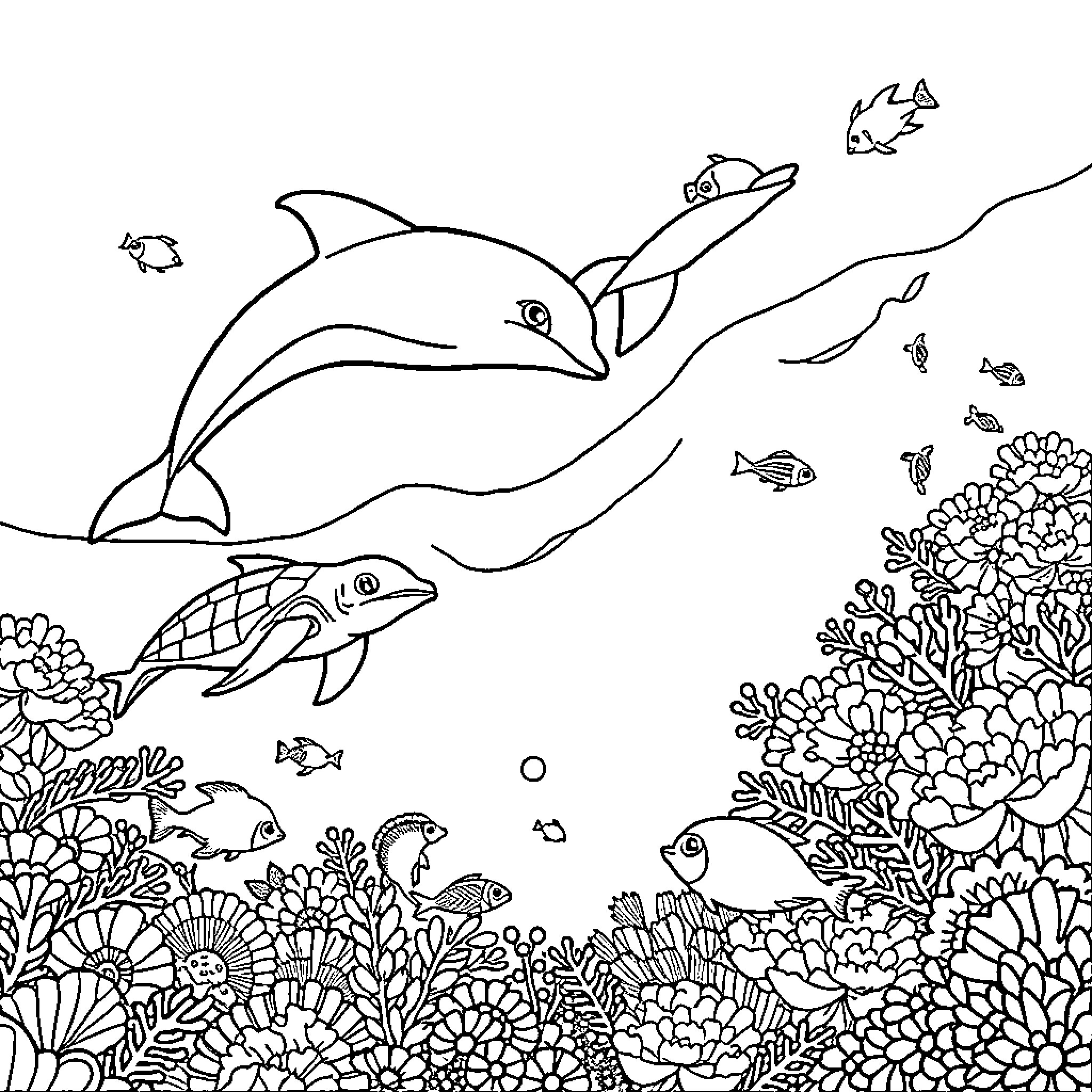 Dolphin playing among coral reef and tropical fish Coloring Page (free black-and-white line drawing printable PDF for all, from beginners to advanced learners, including children, teens, adults, and seniors)