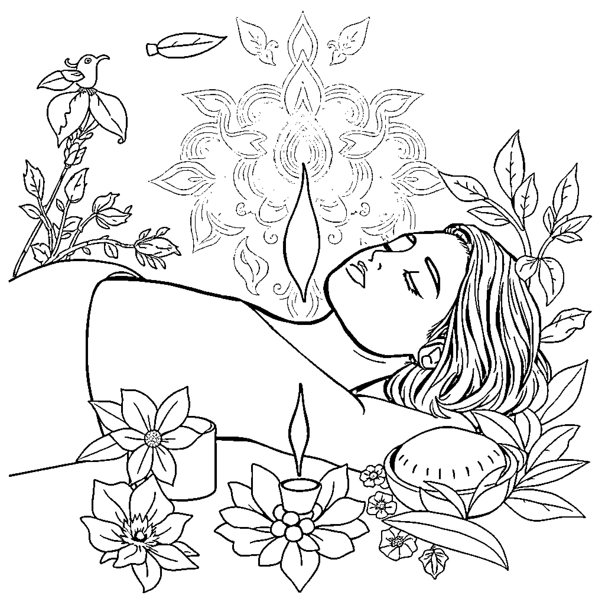 Ayurveda - Woman Relaxing Amidst Floral Motifs Coloring Page (free black-and-white line drawing printable PDF for all, from beginners to advanced learners, including children, teens, adults, and seniors)