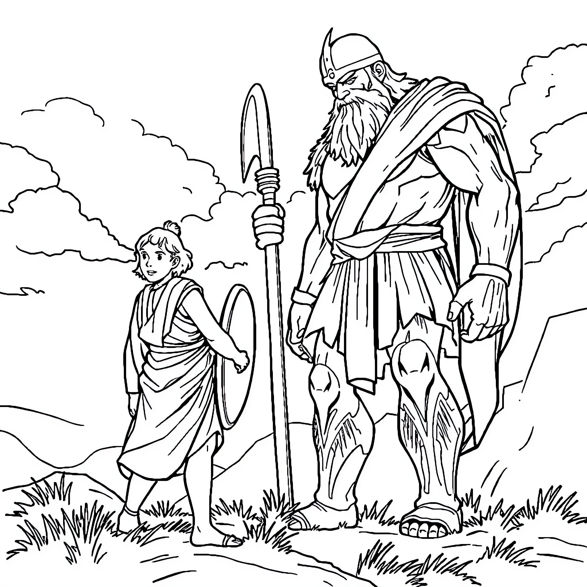 David and Goliath - Giant warrior confronting a young boy Coloring Page (free black-and-white line drawing printable PDF for all, from beginners to advanced learners, including children, teens, adults, and seniors)