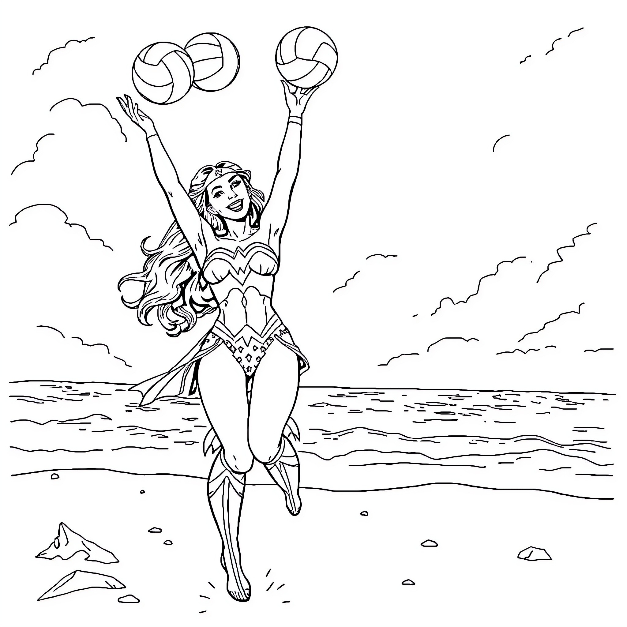 Wonder Woman playing volleyball on the beach Coloring Page (free black-and-white line drawing printable PDF for all, from beginners to advanced learners, including children, teens, adults, and seniors)
