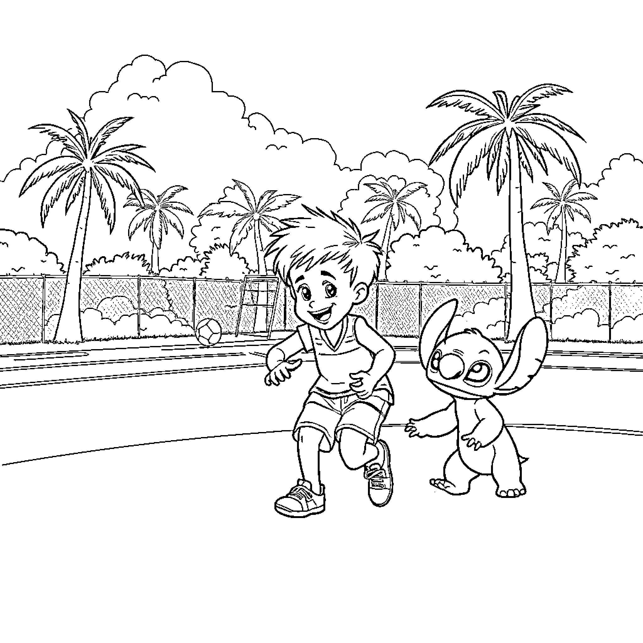 Niño playing with cartoon character on tropical beach Coloring Page (free black-and-white line drawing printable PDF for all, from beginners to advanced learners, including children, teens, adults, and seniors)