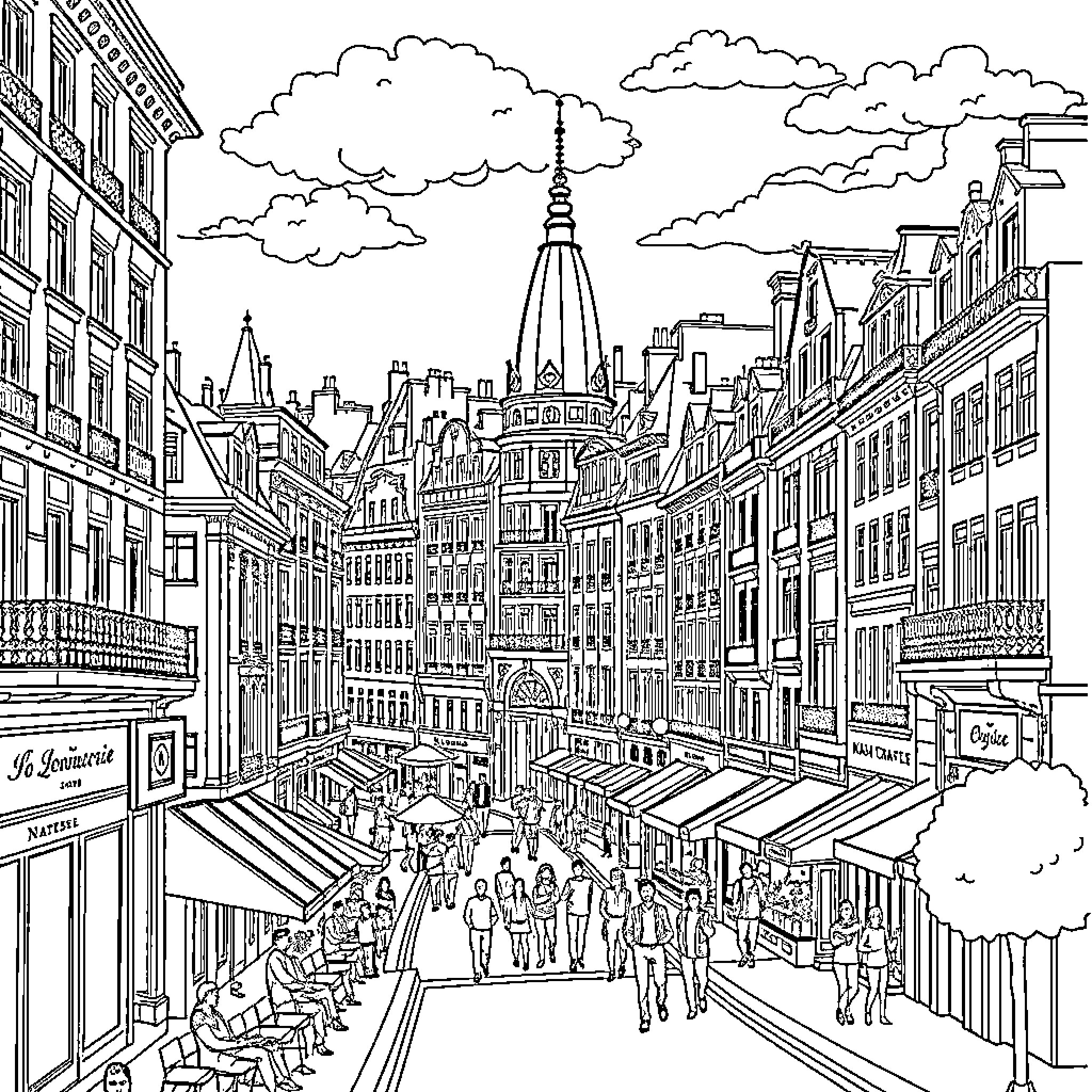 Nantes cityscape with bustling street scene Coloring Page (free black-and-white line drawing printable PDF for all, from beginners to advanced learners, including children, teens, adults, and seniors)