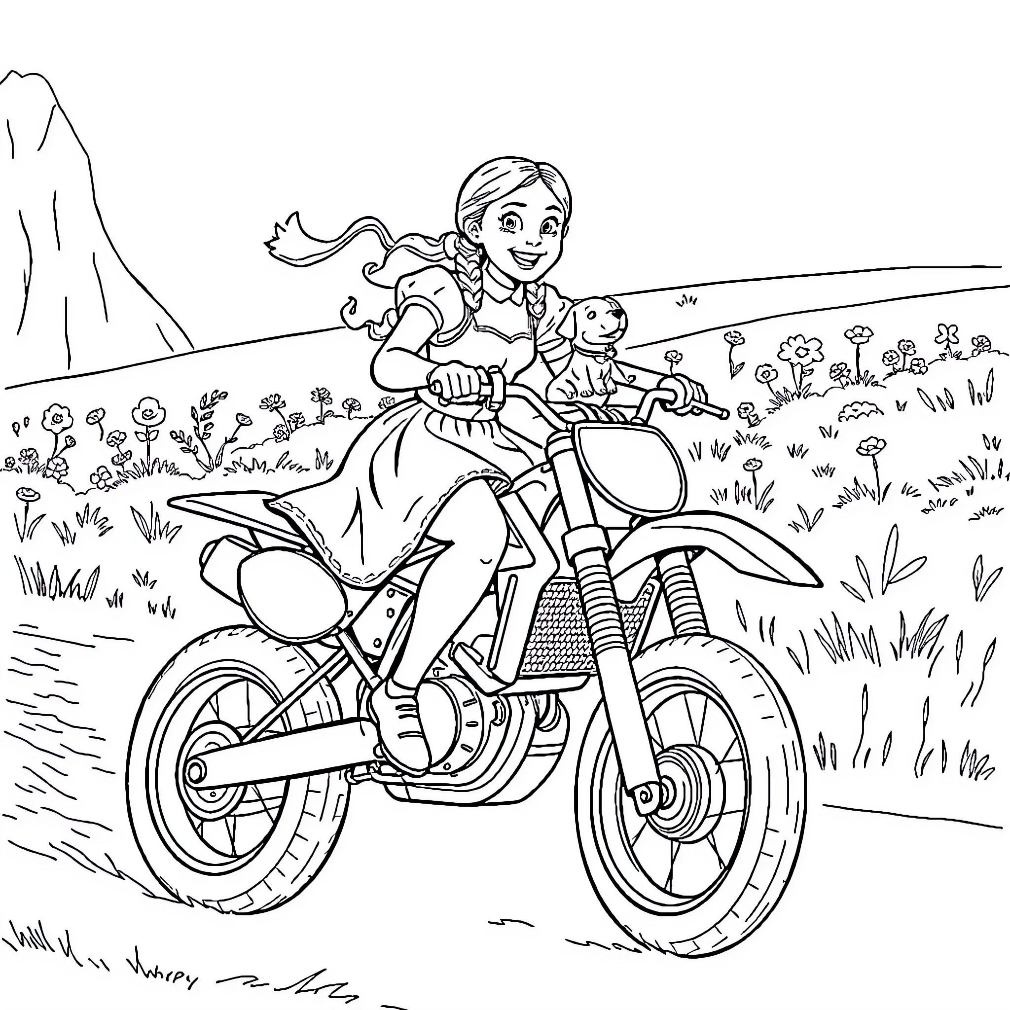 Dorothy riding a motorcycle through the countryside Coloring Page (free black-and-white line drawing printable PDF for all, from beginners to advanced learners, including children, teens, adults, and seniors)