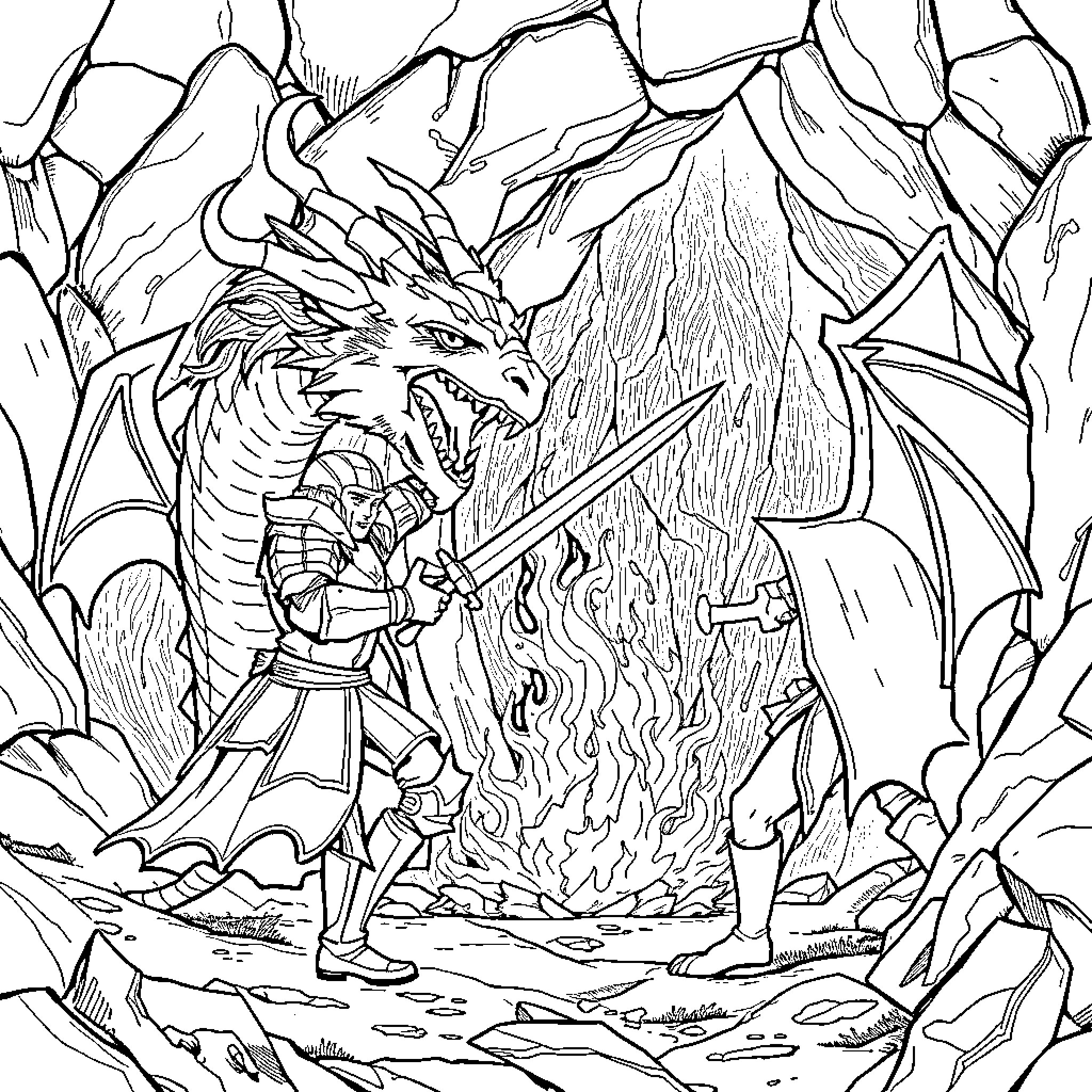 Knight facing off against a fearsome dragon in a rocky landscape Coloring Page (free black-and-white line drawing printable PDF for all, from beginners to advanced learners, including children, teens, adults, and seniors)