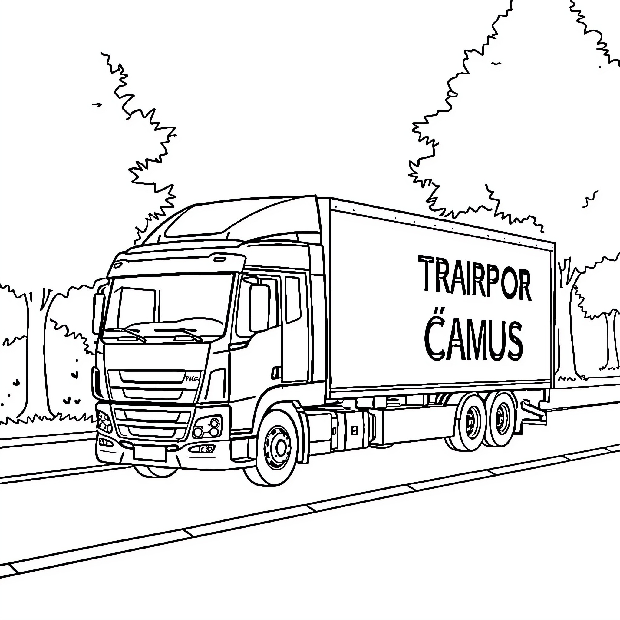 Camion delivering cargo on the road Coloring Page (free black-and-white line drawing printable PDF for all, from beginners to advanced learners, including children, teens, adults, and seniors)