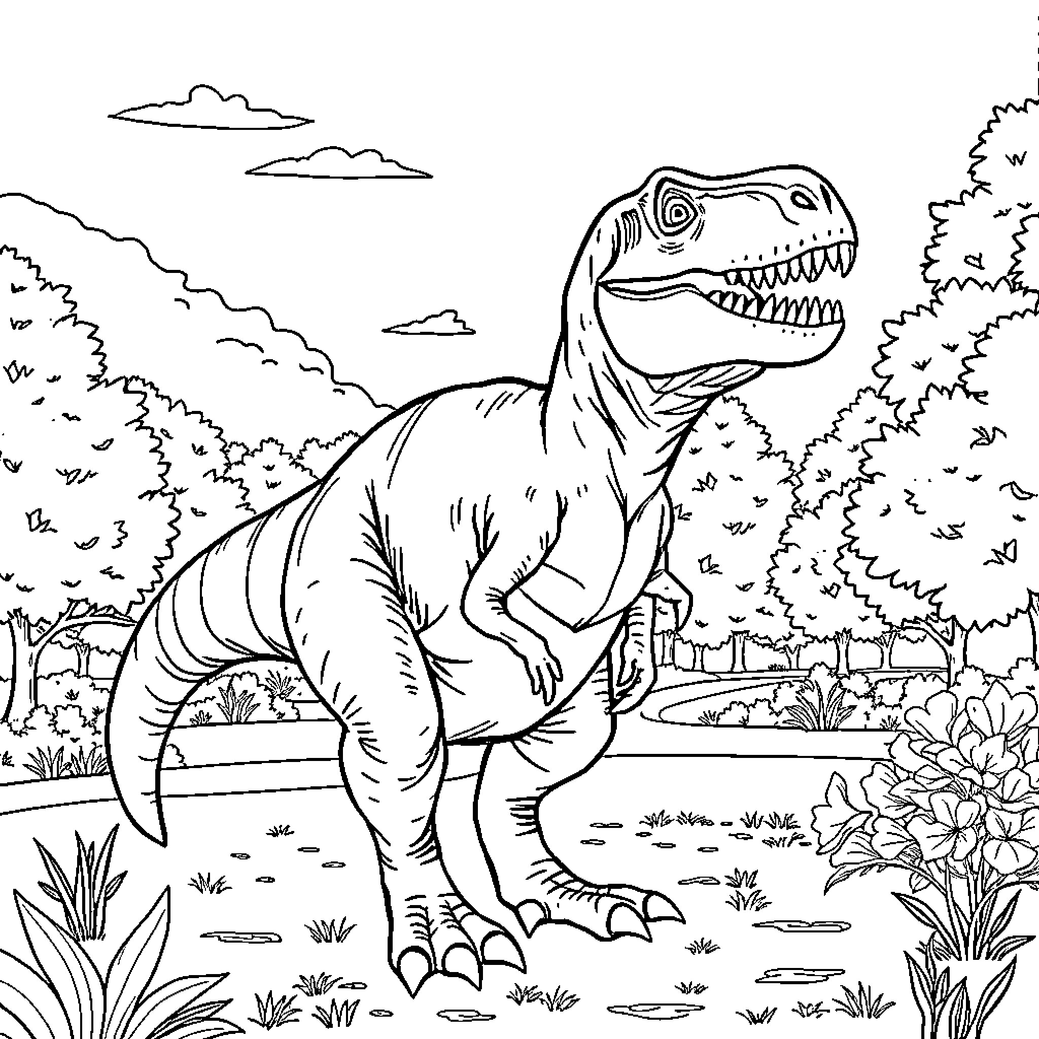 T-Rex roaming the prehistoric landscape Coloring Page (free black-and-white line drawing printable PDF for all, from beginners to advanced learners, including children, teens, adults, and seniors)