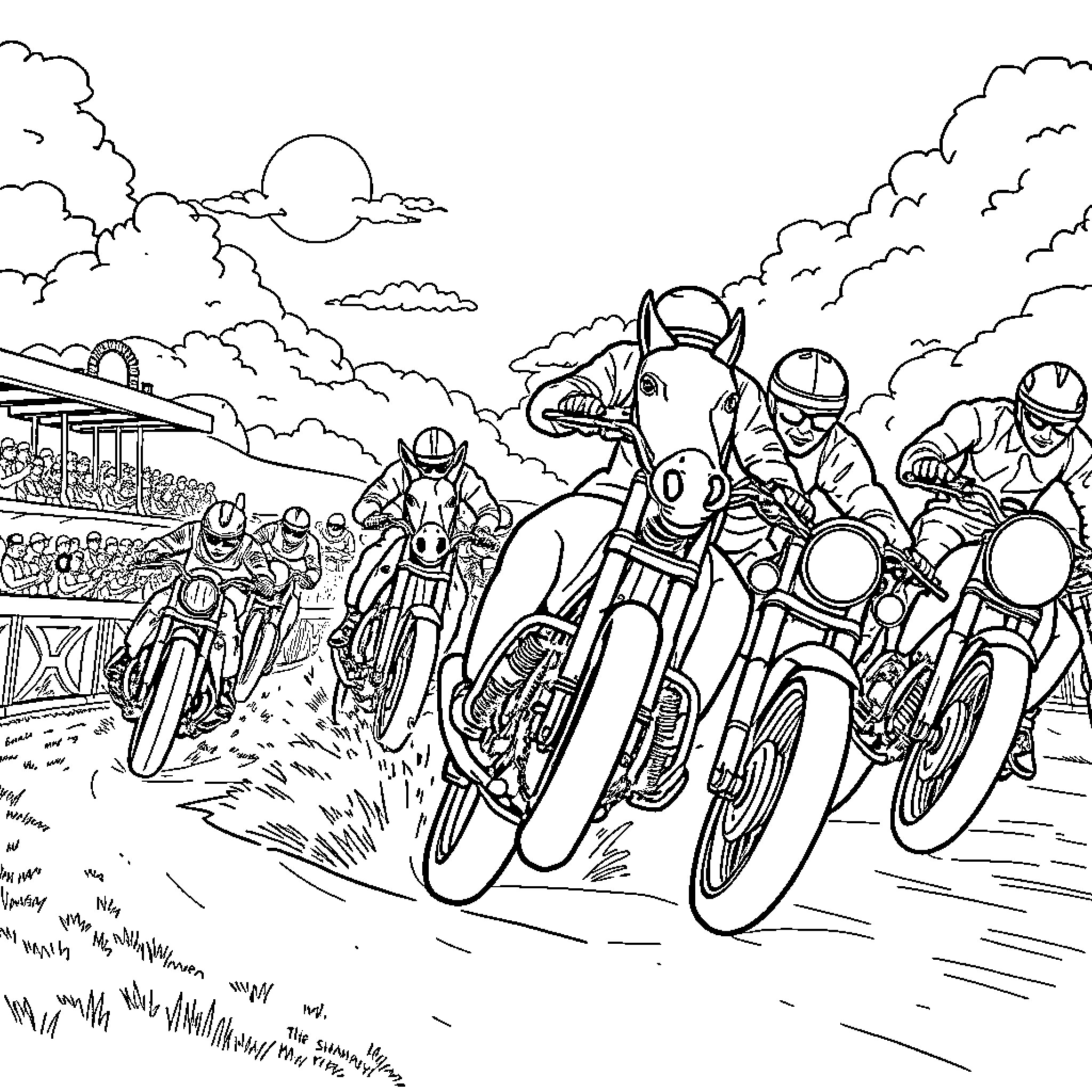Horse Racing Competition on Scenic Track Coloring Page (free black-and-white line drawing printable PDF for all, from beginners to advanced learners, including children, teens, adults, and seniors)