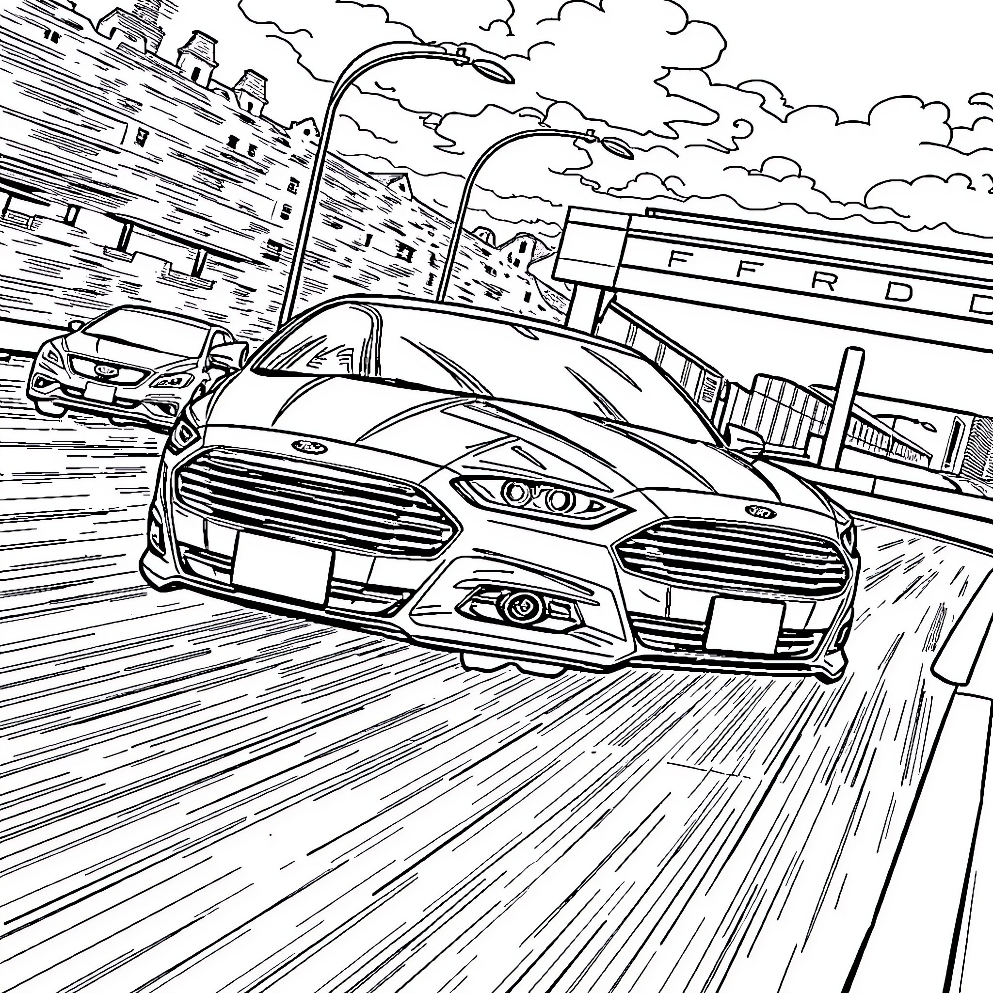 Ford sports car in high-speed urban chase Coloring Page (free black-and-white line drawing printable PDF for all, from beginners to advanced learners, including children, teens, adults, and seniors)