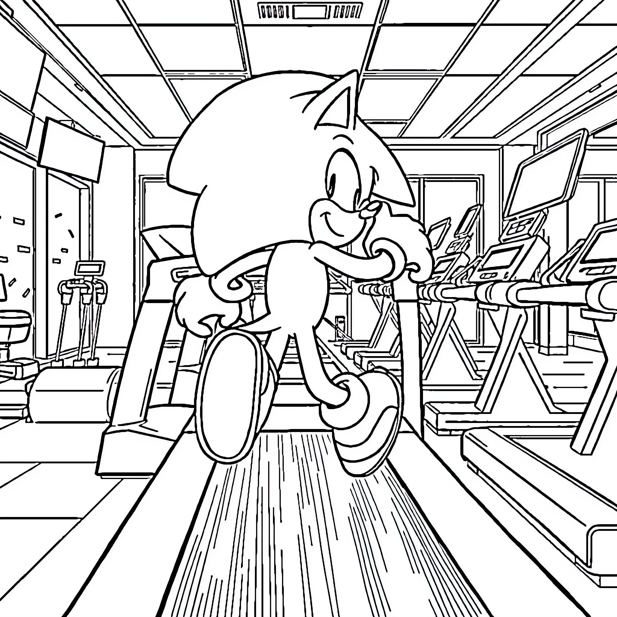 Sonic running speedily through futuristic laboratory Coloring Page (free black-and-white line drawing printable PDF for all, from beginners to advanced learners, including children, teens, adults, and seniors)