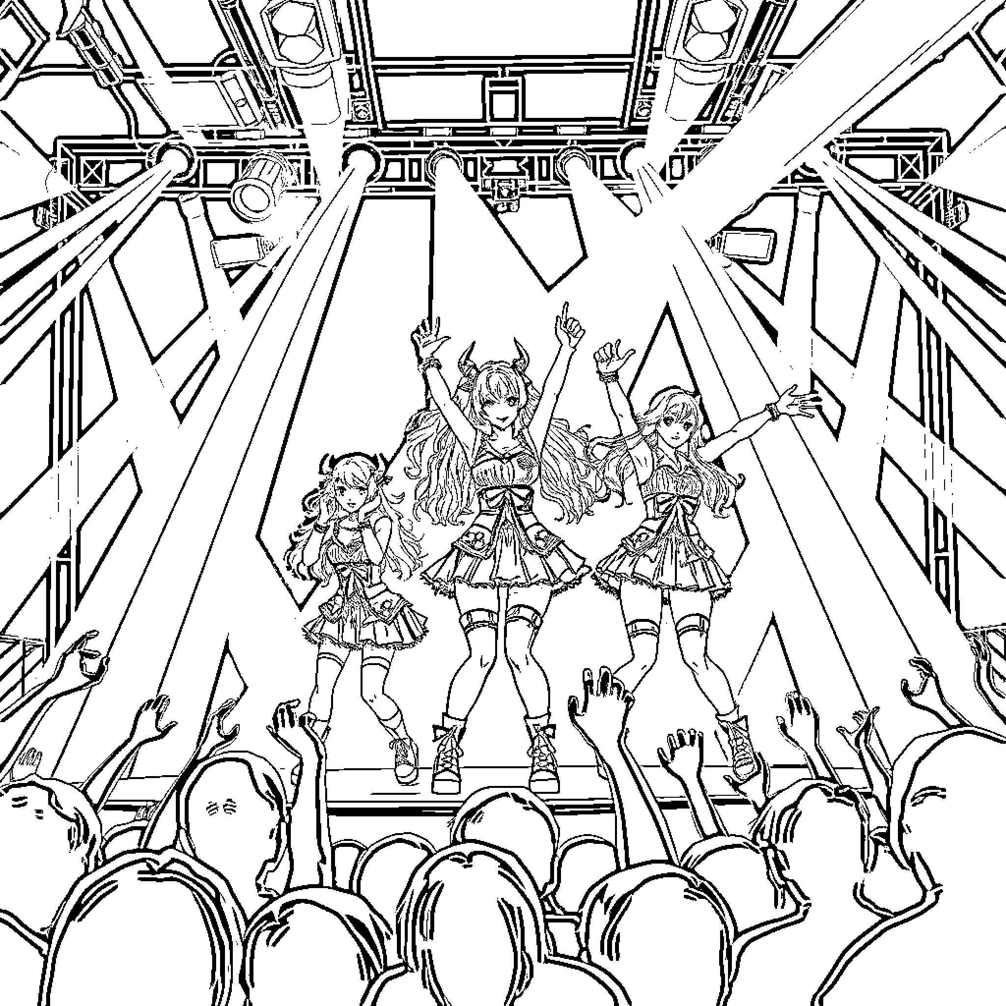 Kpop Demon Hunter Performers on Stage Coloring Page (free black-and-white line drawing printable PDF for all, from beginners to advanced learners, including children, teens, adults, and seniors)