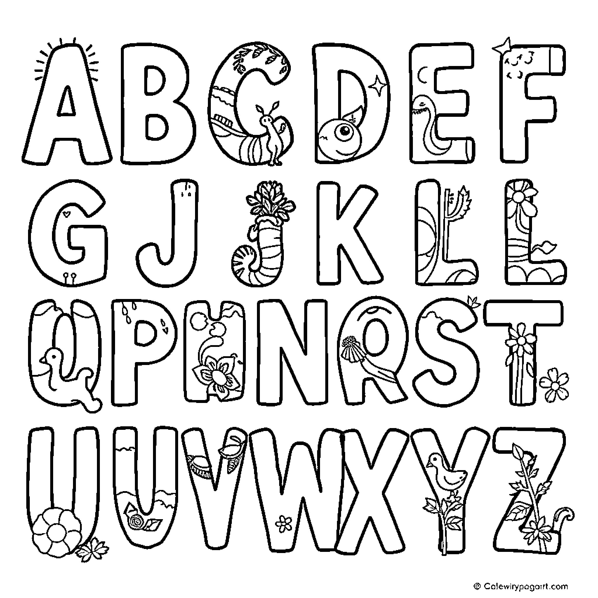 Alphabet with doodle-style decorations Coloring Page (free black-and-white line drawing printable PDF for all, from beginners to advanced learners, including children, teens, adults, and seniors)