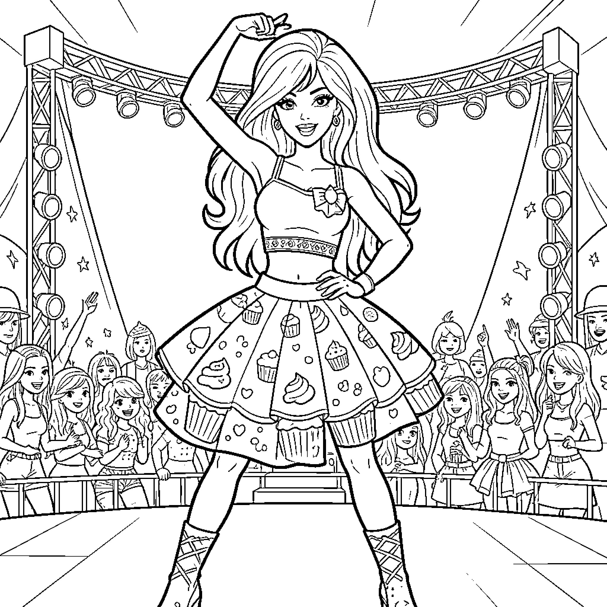 Barbie performing on stage with her friends Coloring Page (free black-and-white line drawing printable PDF for all, from beginners to advanced learners, including children, teens, adults, and seniors)