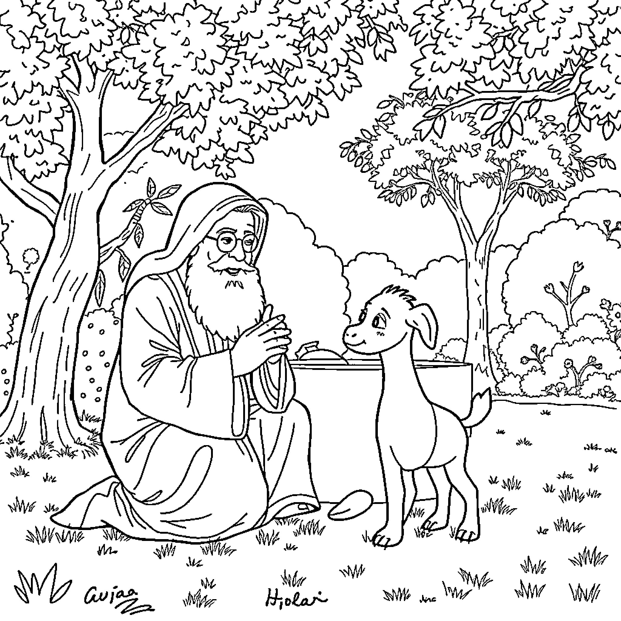 Rumi with his animal companion in nature Coloring Page (free black-and-white line drawing printable PDF for all, from beginners to advanced learners, including children, teens, adults, and seniors)