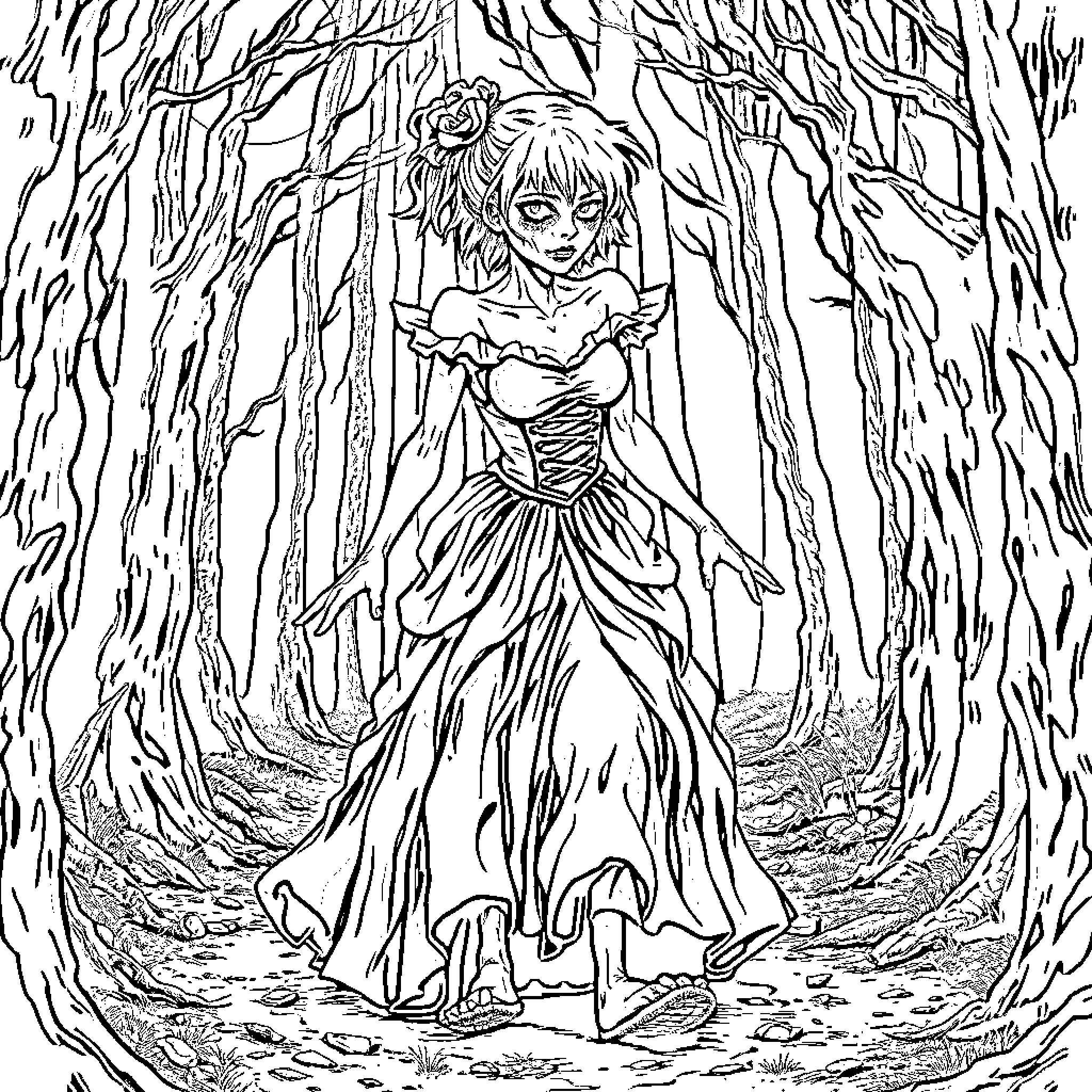 Cinderella's Enchanted Forest Encounter Coloring Page (free black-and-white line drawing printable PDF for all, from beginners to advanced learners, including children, teens, adults, and seniors)