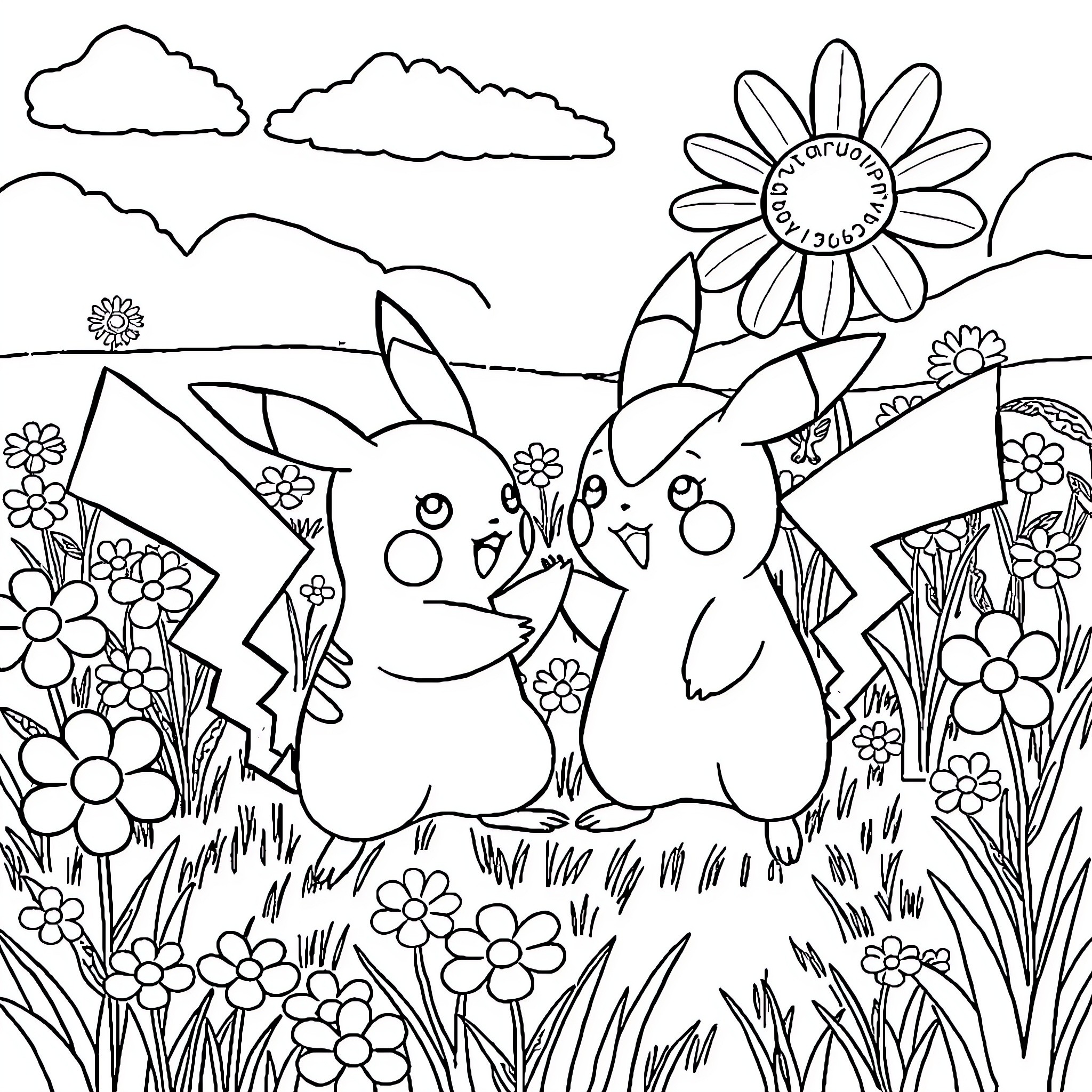 Pikachu playing joyfully in a flowery meadow Coloring Page (free black-and-white line drawing printable PDF for all, from beginners to advanced learners, including children, teens, adults, and seniors)