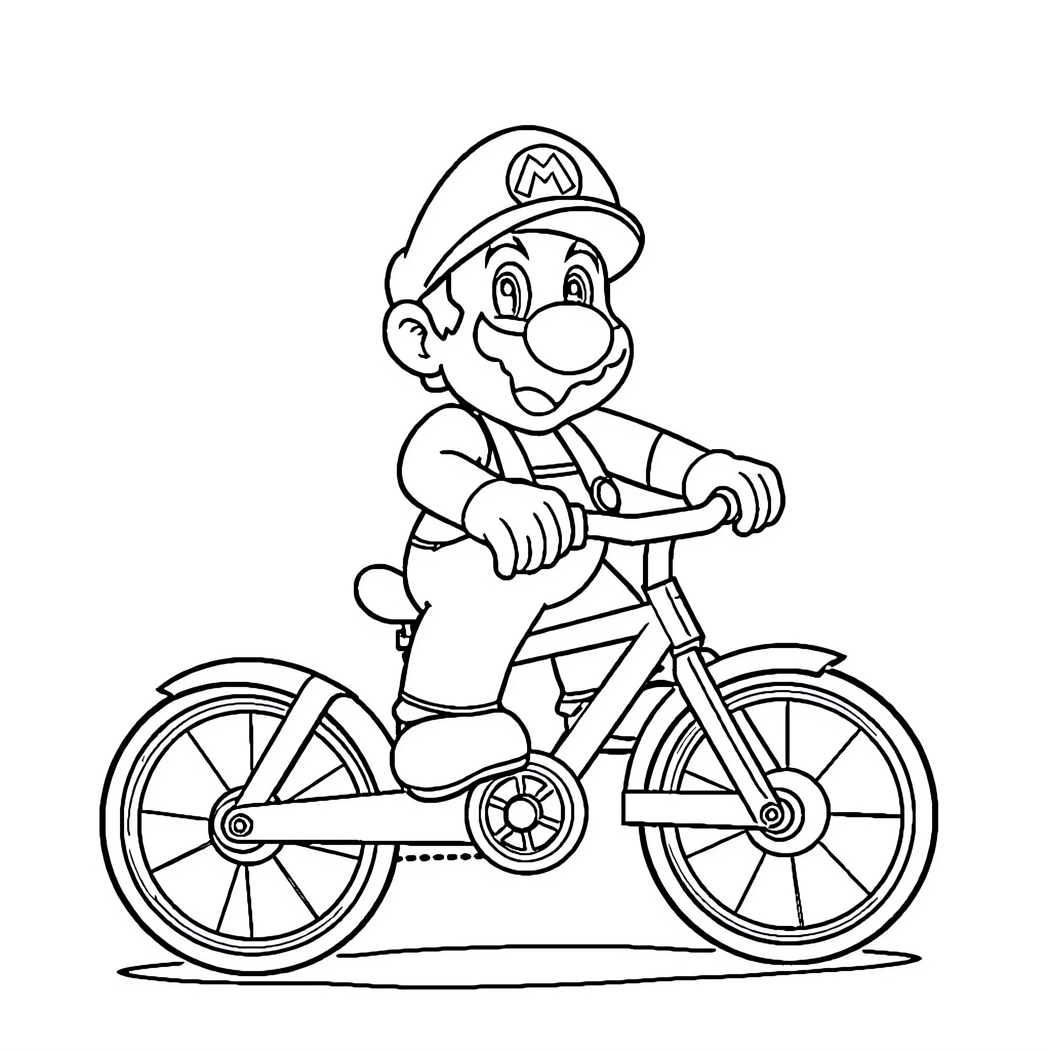 Mario riding a bicycle happily Coloring Page (free black-and-white line drawing printable PDF for all, from beginners to advanced learners, including children, teens, adults, and seniors)