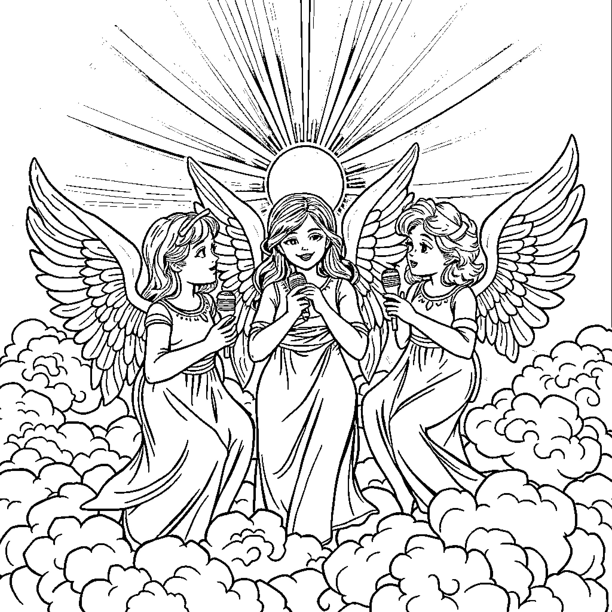 Angel Worshipping in the Heavenly Realm Coloring Page (free black-and-white line drawing printable PDF for all, from beginners to advanced learners, including children, teens, adults, and seniors)