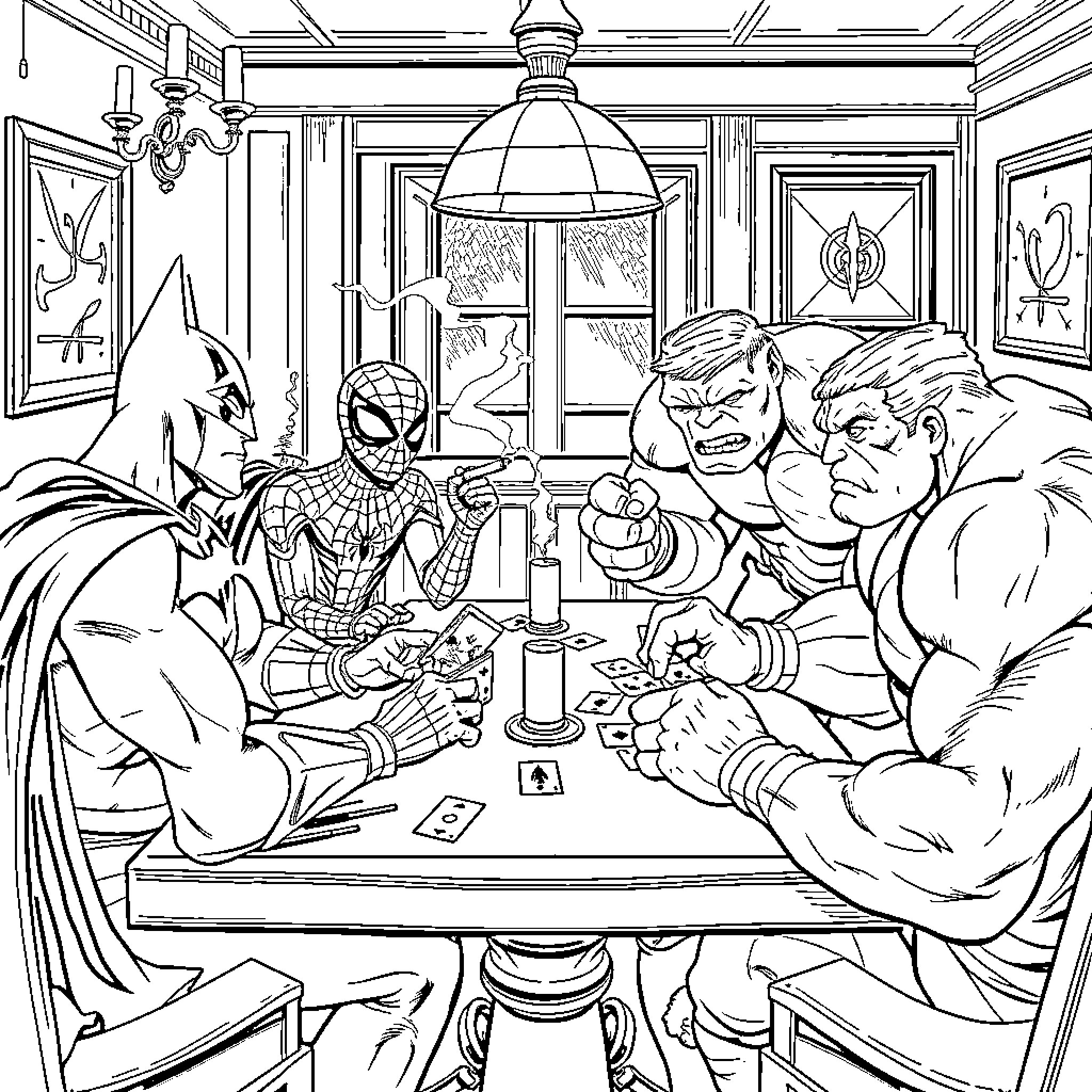 Superhero Game Night in a Cozy Setting Coloring Page (free black-and-white line drawing printable PDF for all, from beginners to advanced learners, including children, teens, adults, and seniors)