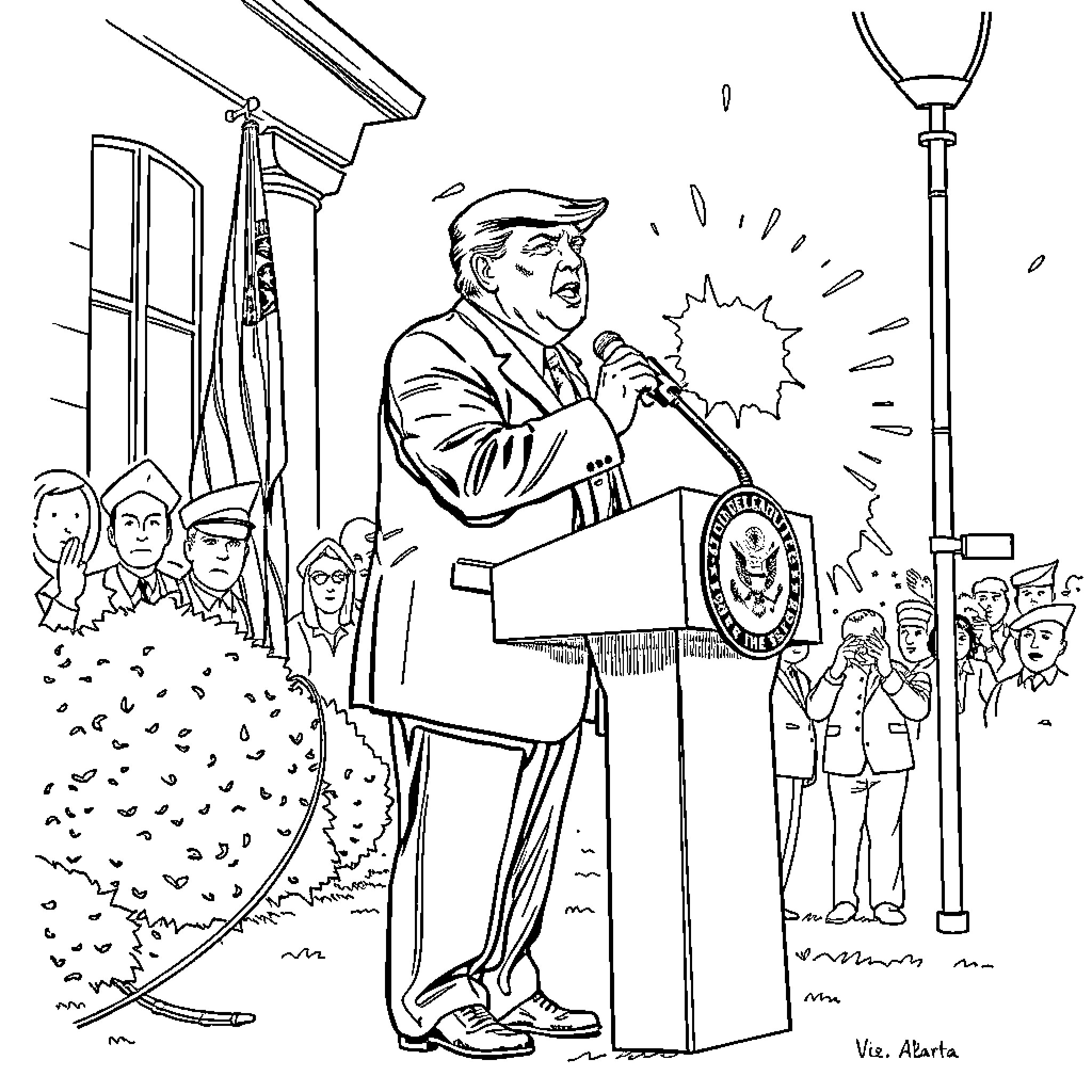 Trump rallying supporters at a political event Coloring Page (free black-and-white line drawing printable PDF for all, from beginners to advanced learners, including children, teens, adults, and seniors)