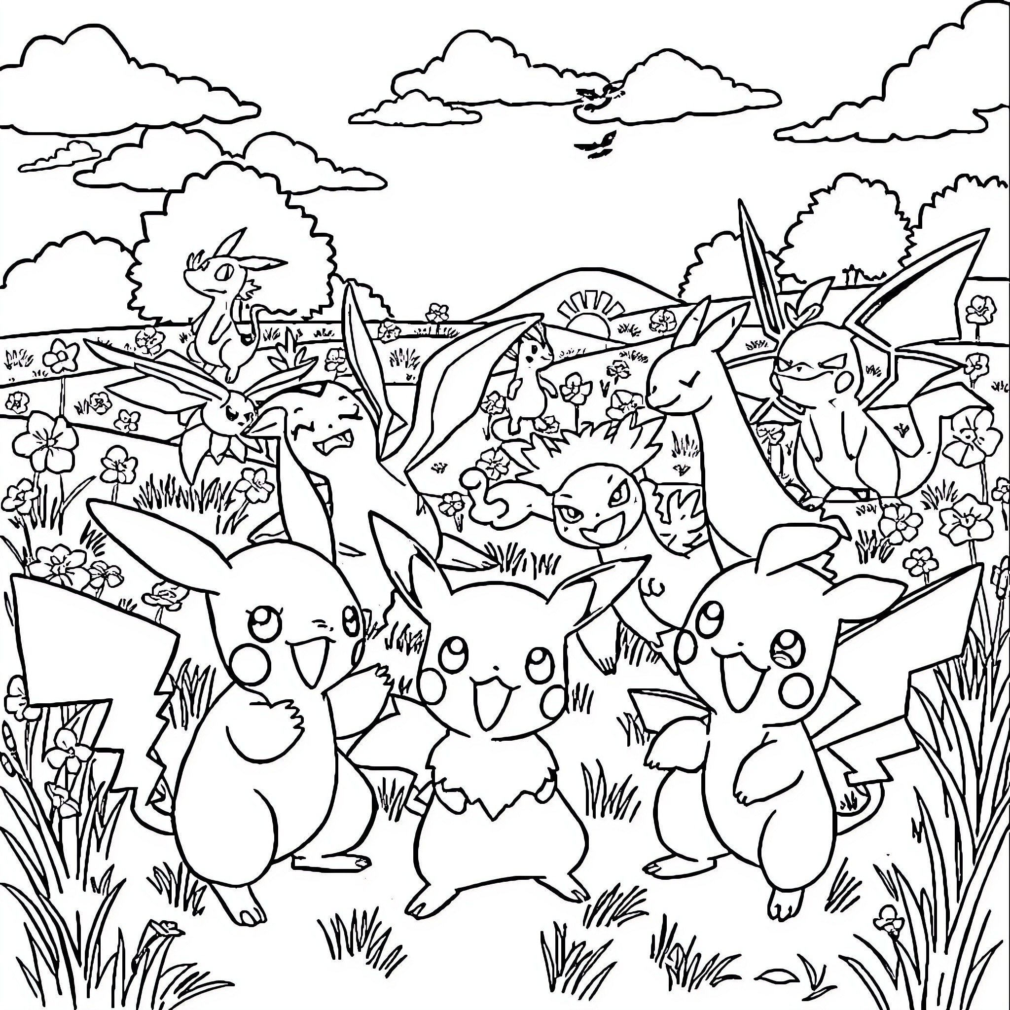 Pokémon characters engaging in various playful activities Coloring Page (free black-and-white line drawing printable PDF for all, from beginners to advanced learners, including children, teens, adults, and seniors)