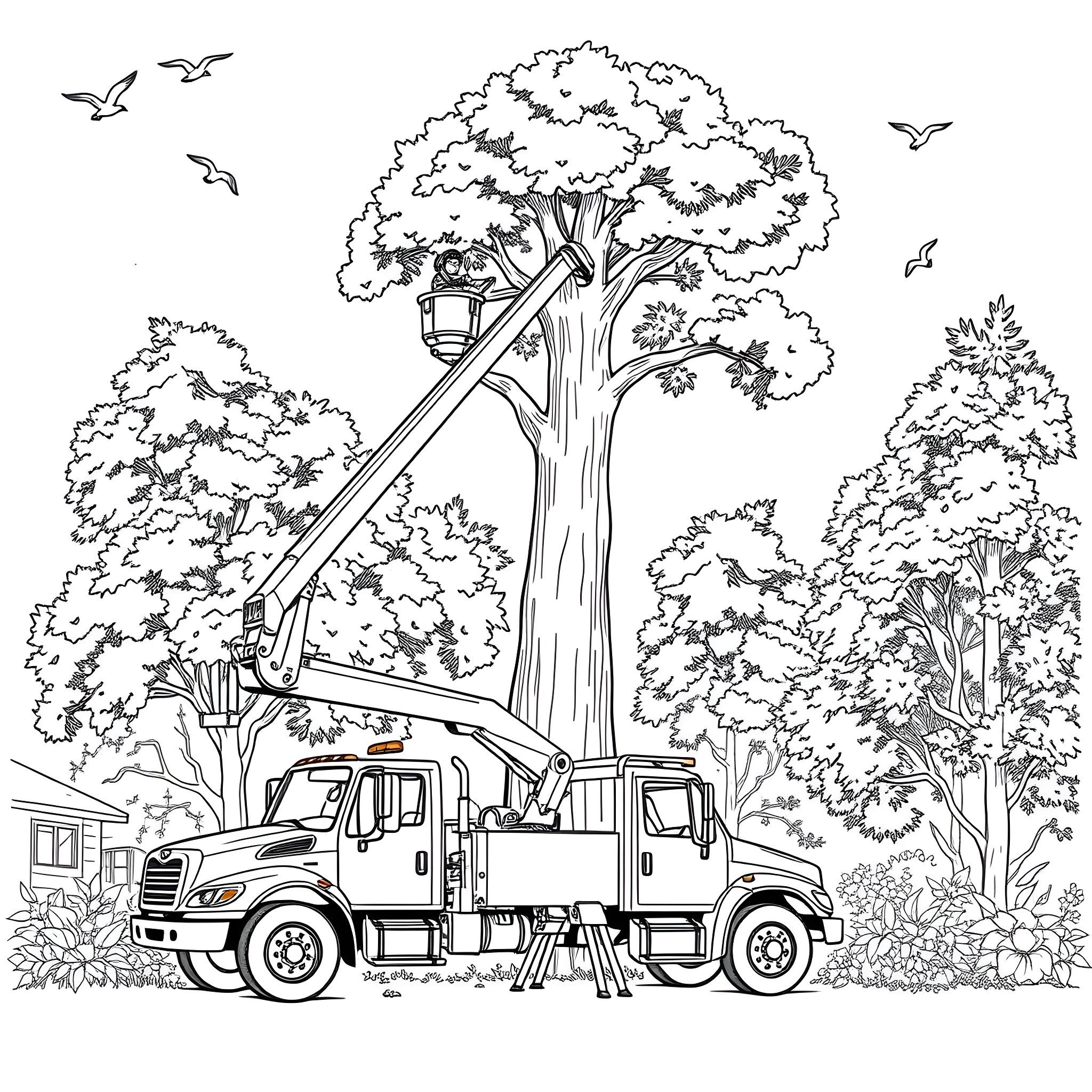 Bucket Truck Performing Tree Maintenance in the Forest Coloring Page (free black-and-white line drawing printable PDF for all, from beginners to advanced learners, including children, teens, adults, and seniors)