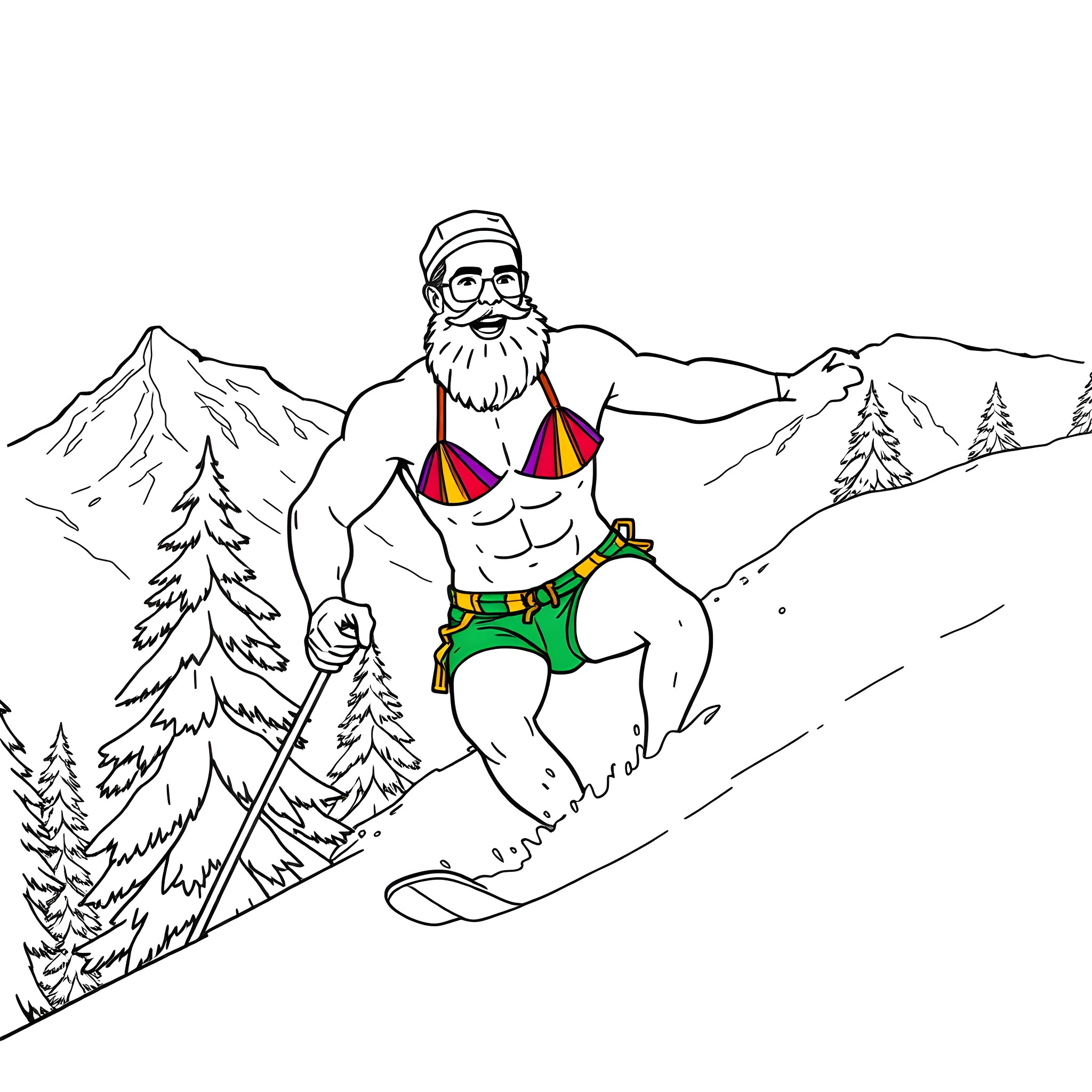 Man skiing down snowy mountain slopes Coloring Page (free black-and-white line drawing printable PDF for all, from beginners to advanced learners, including children, teens, adults, and seniors)