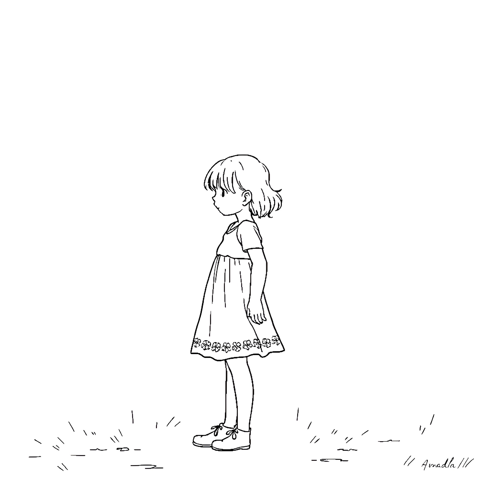 Girl in simple dress standing alone Coloring Page (free black-and-white line drawing printable PDF for all, from beginners to advanced learners, including children, teens, adults, and seniors)
