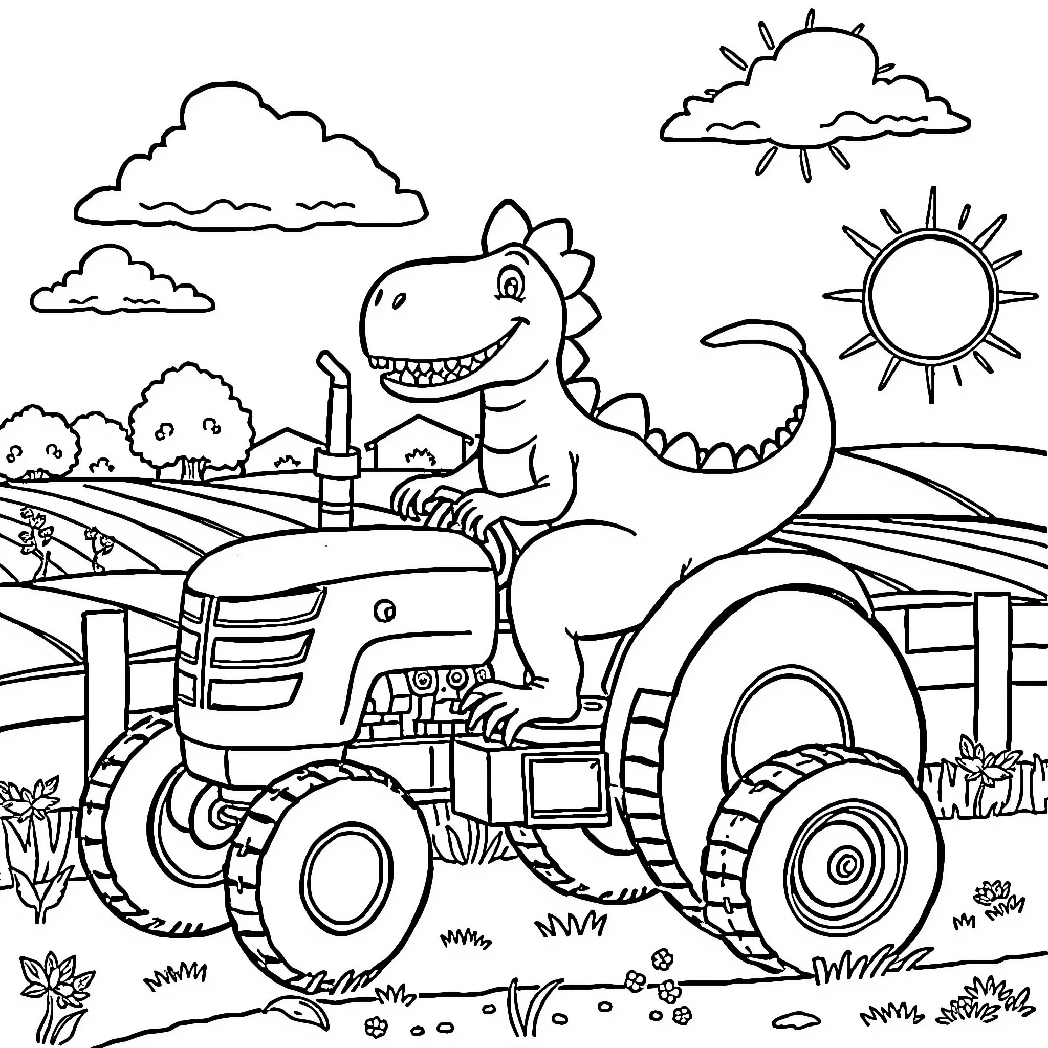 Dino driving a tractor in the countryside Coloring Page (free black-and-white line drawing printable PDF for all, from beginners to advanced learners, including children, teens, adults, and seniors)