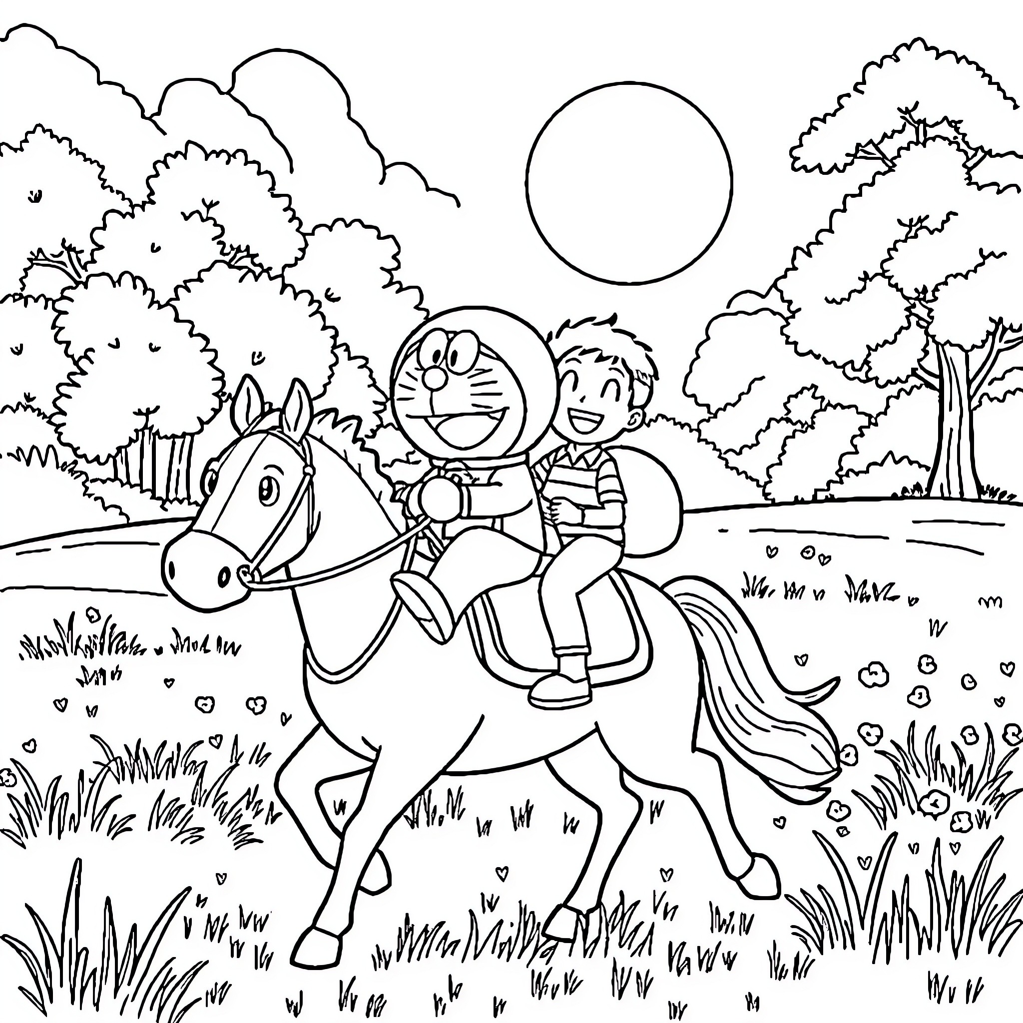 Doraemon and a boy riding a horse in a park Coloring Page (free black-and-white line drawing printable PDF for all, from beginners to advanced learners, including children, teens, adults, and seniors)