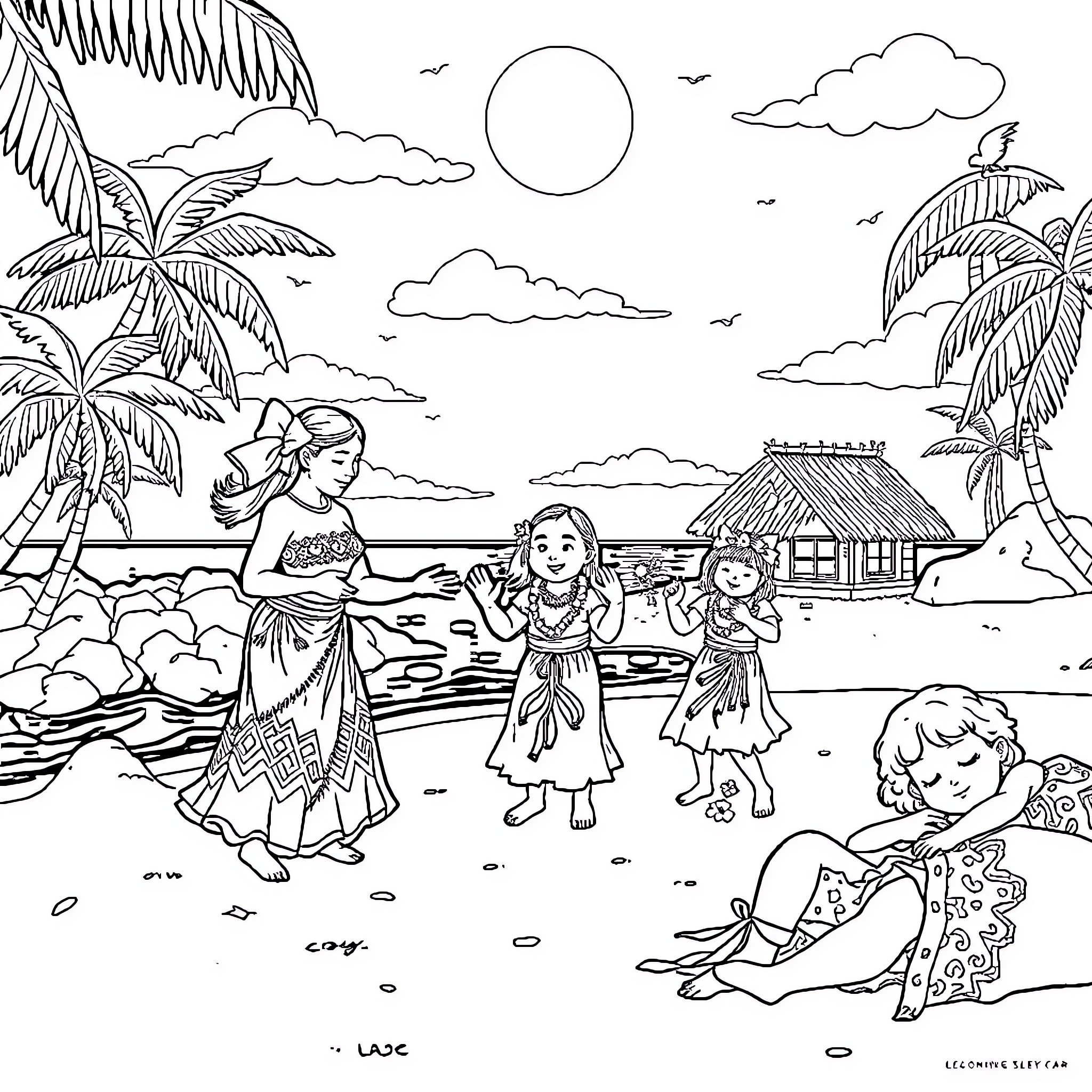 Hula dancers in a tropical island paradise Coloring Page (free black-and-white line drawing printable PDF for all, from beginners to advanced learners, including children, teens, adults, and seniors)