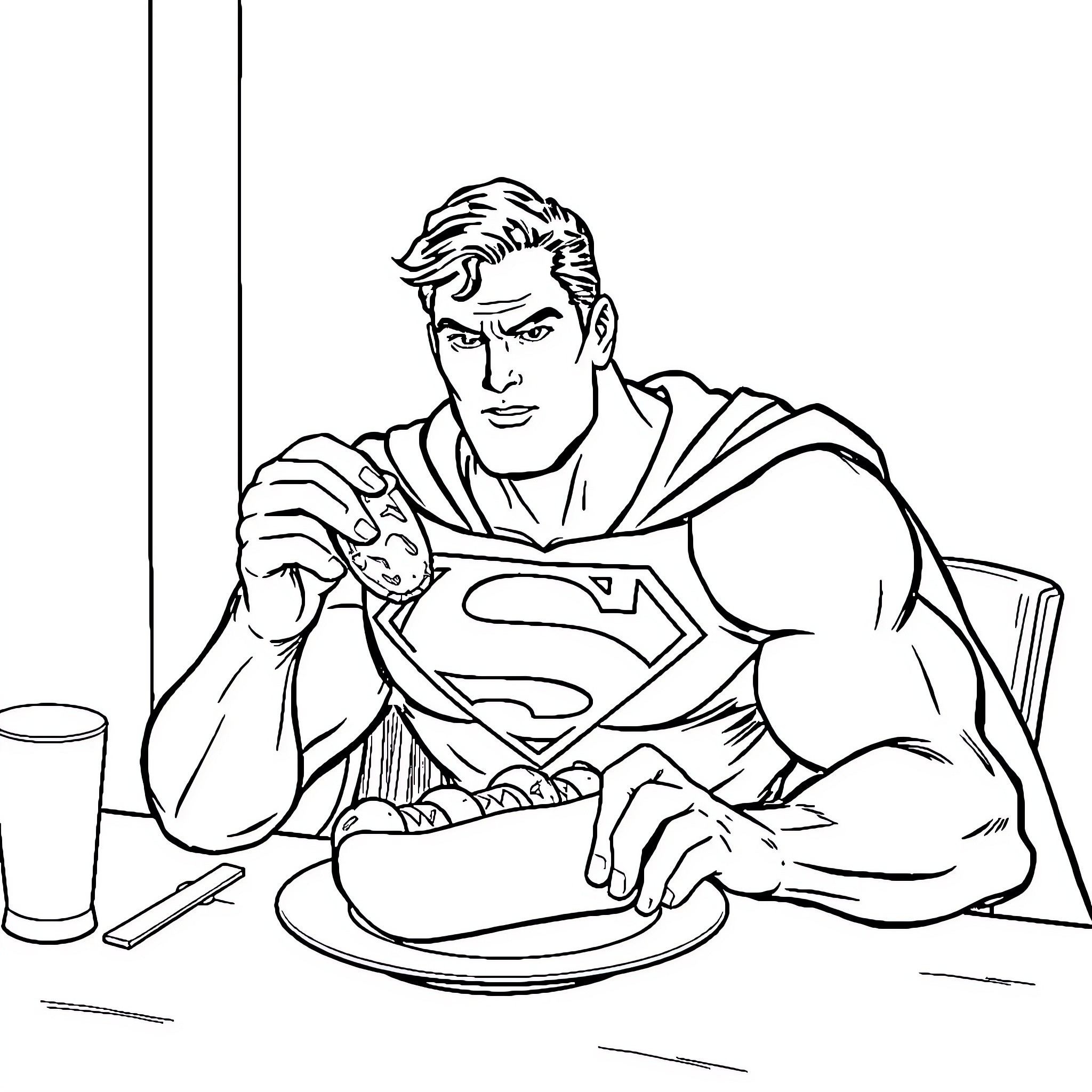 Superman enjoying his meal Coloring Page (free black-and-white line drawing printable PDF for all, from beginners to advanced learners, including children, teens, adults, and seniors)