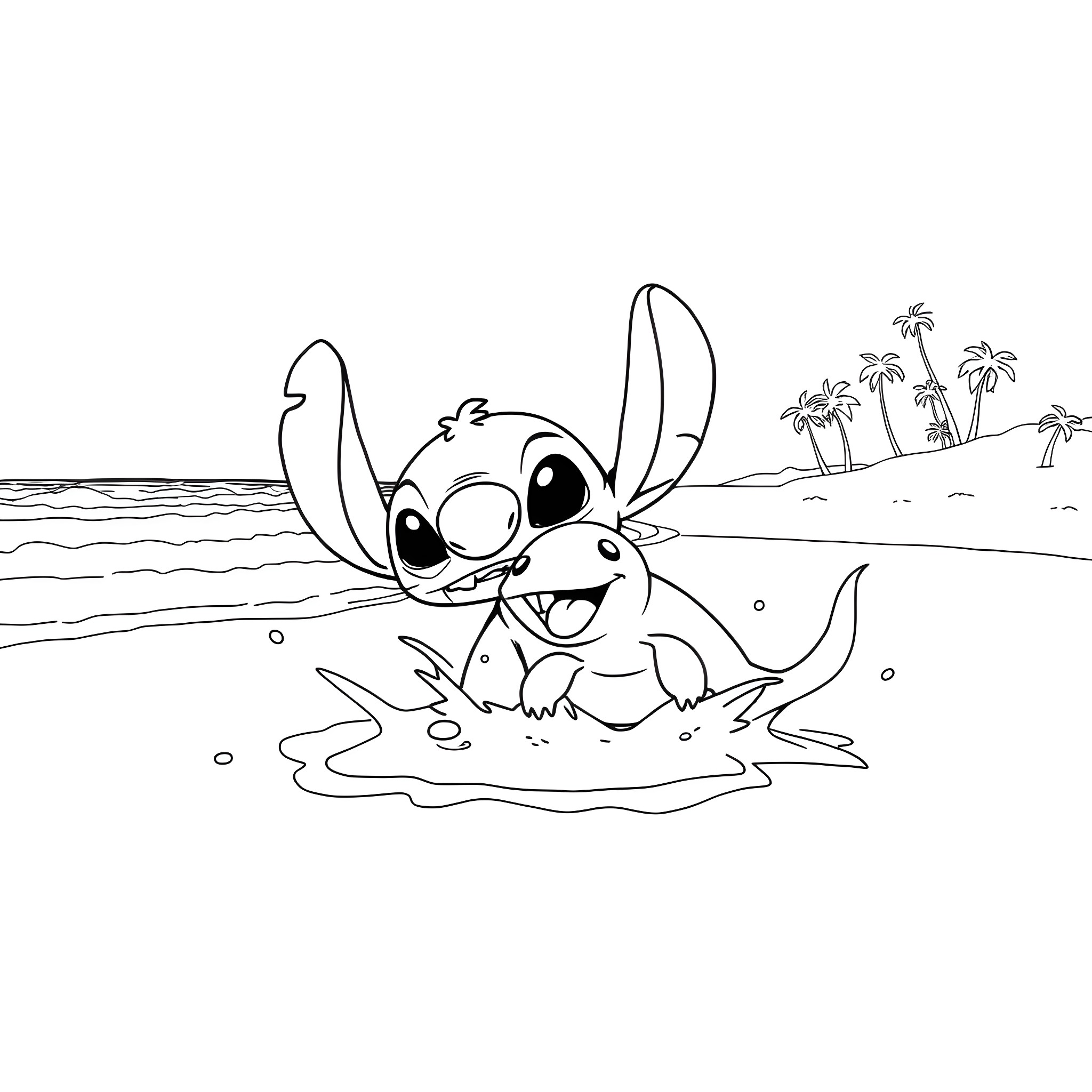 Stitch frolicking in the tropical ocean Coloring Page (free black-and-white line drawing printable PDF for all, from beginners to advanced learners, including children, teens, adults, and seniors)