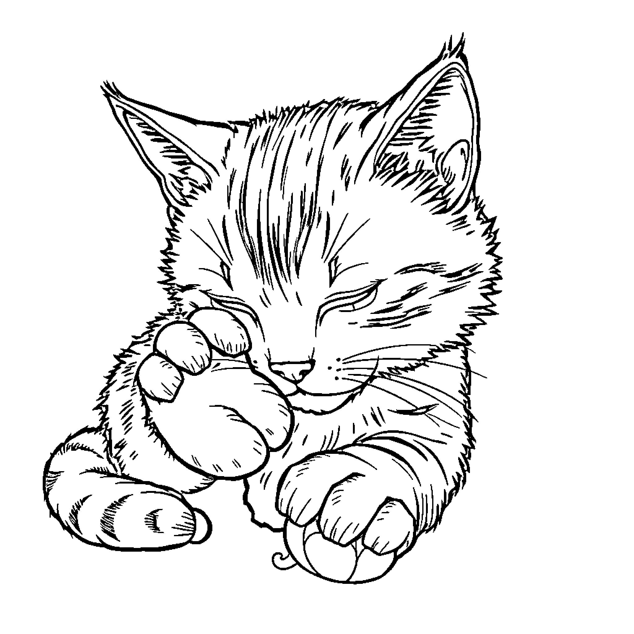 Paw-some Kitten's Cozy Cuddle Coloring Page (free black-and-white line drawing printable PDF for all, from beginners to advanced learners, including children, teens, adults, and seniors)