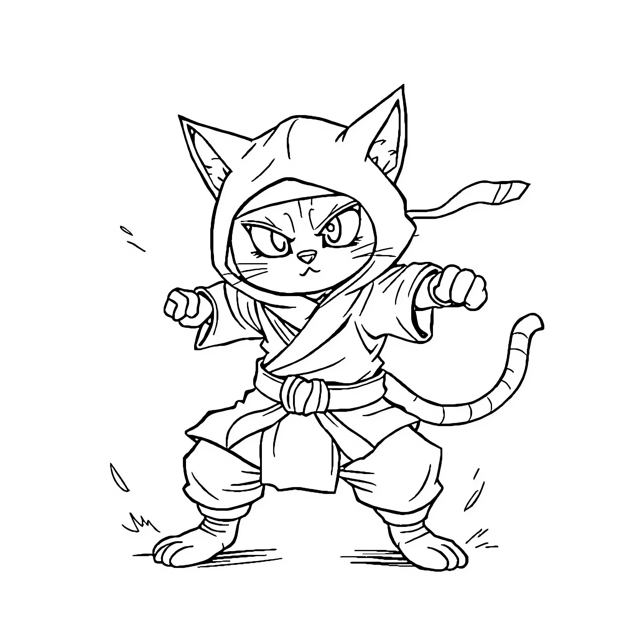 Cat ninja in combat stance Coloring Page (free black-and-white line drawing printable PDF for all, from beginners to advanced learners, including children, teens, adults, and seniors)