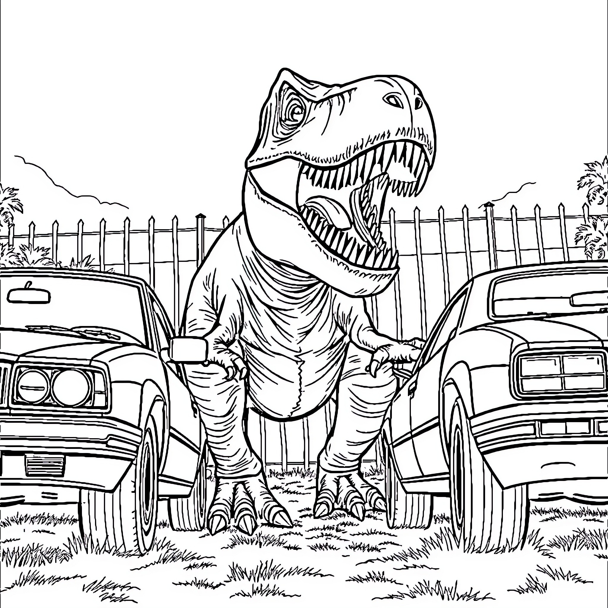 T-Rex stomping through a junkyard Coloring Page (free black-and-white line drawing printable PDF for all, from beginners to advanced learners, including children, teens, adults, and seniors)