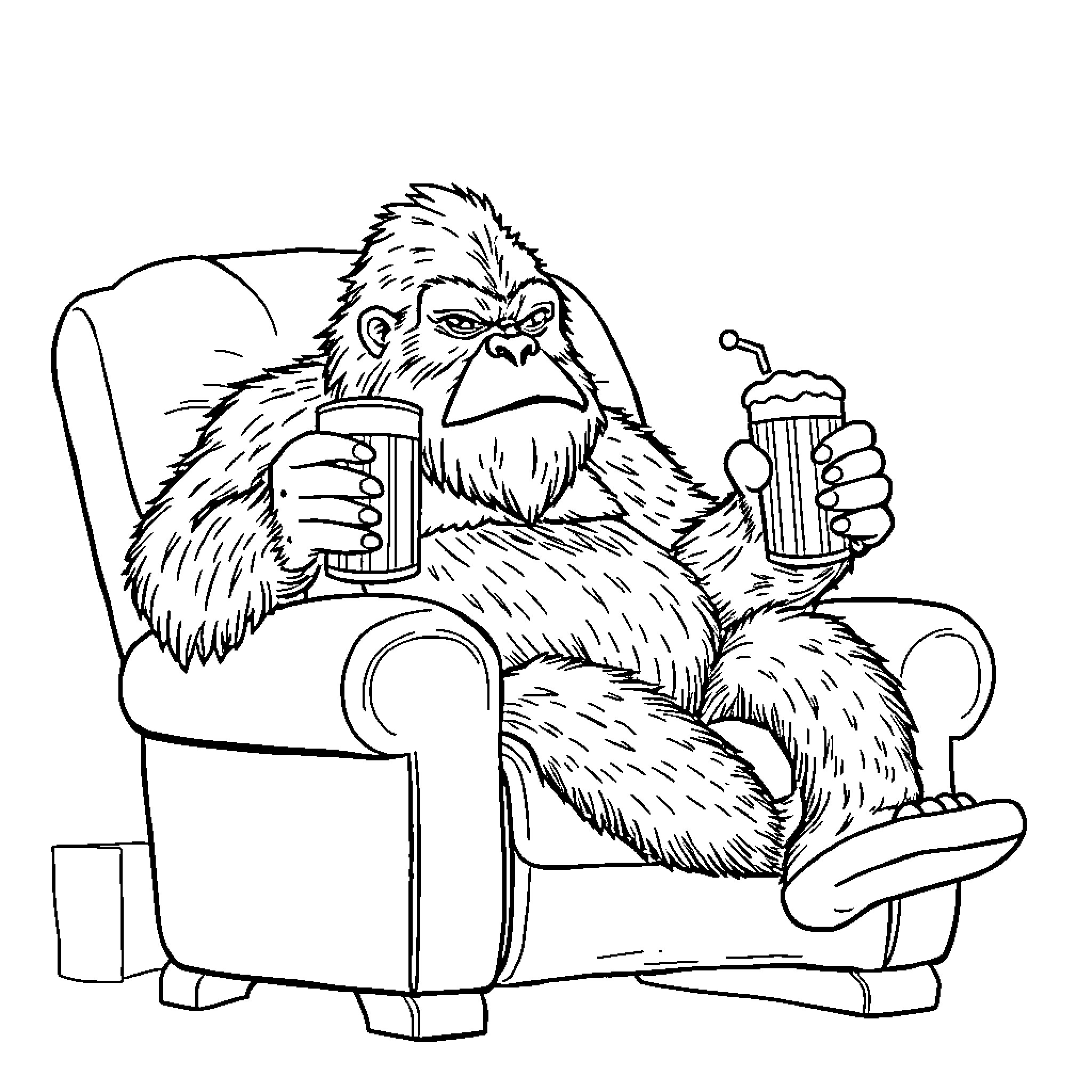 Sasquatch relaxing with drinks in armchair Coloring Page (free black-and-white line drawing printable PDF for all, from beginners to advanced learners, including children, teens, adults, and seniors)